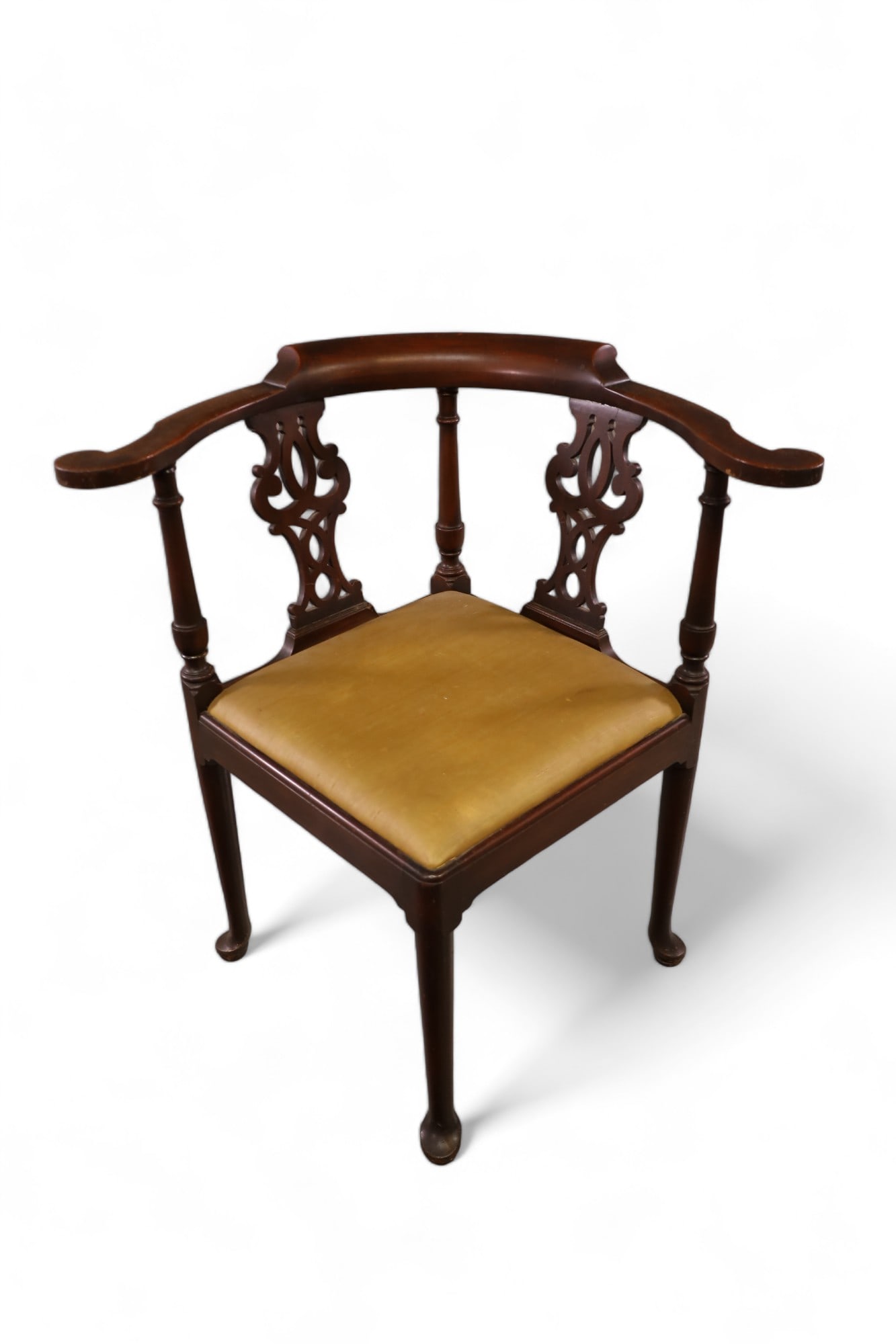 MAHOGANY CORNER CHAIR: ROLLED ARM MAHOGANY CORNER CHAIR, WEAR TO FINSIH. 30" W x 24" D x 31" H. ITEM EXCEEDS SIZE LIMITATIONS FOR IN HOUSE SHIPPING, IT MUST BE PICKED UP IN HOUSE OR SHIPPED VIA 3RD PARTY SHIPPER.