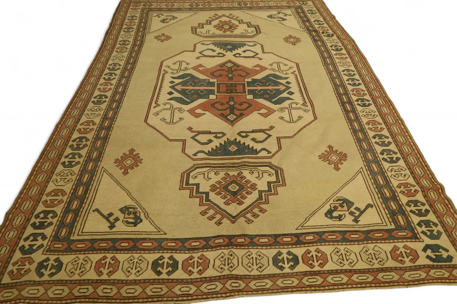 APPROX 6' 10" x 9' 9" HANDMADE WOOL RUG: TURKISH OUSHAK WOOL RUG.