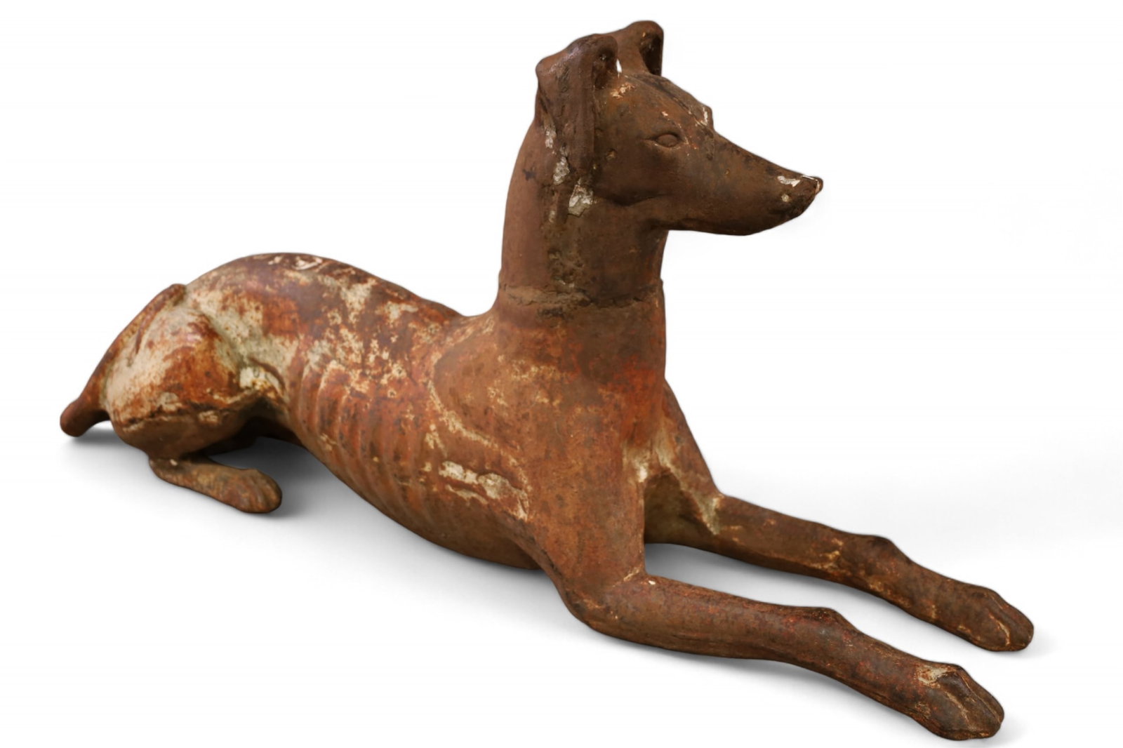 VICTORIAN FRENCH CAST IRON WHIPPET DOG: FRENCH CAST IRON GARDEN ORNAMENT, AFTER J.W. FISKE. RUSTED FINISH. 38" L x 18" H. ITEM EXCEEDS SIZE LIMITATIONS FOR IN HOUSE SHIPPING, IT MUST BE PICKED UP IN HOUSE OR SHIPPED VIA 3RD PARTY SHIPPER.