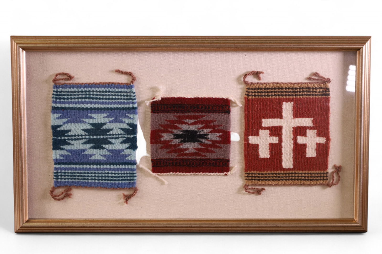 3 FRAMED NATIVE AMERICAN WEAVINGS: SMALL NATIVE AMERICAN WEAVINGS, IN FRAME. 22" x 12" IN FRAME