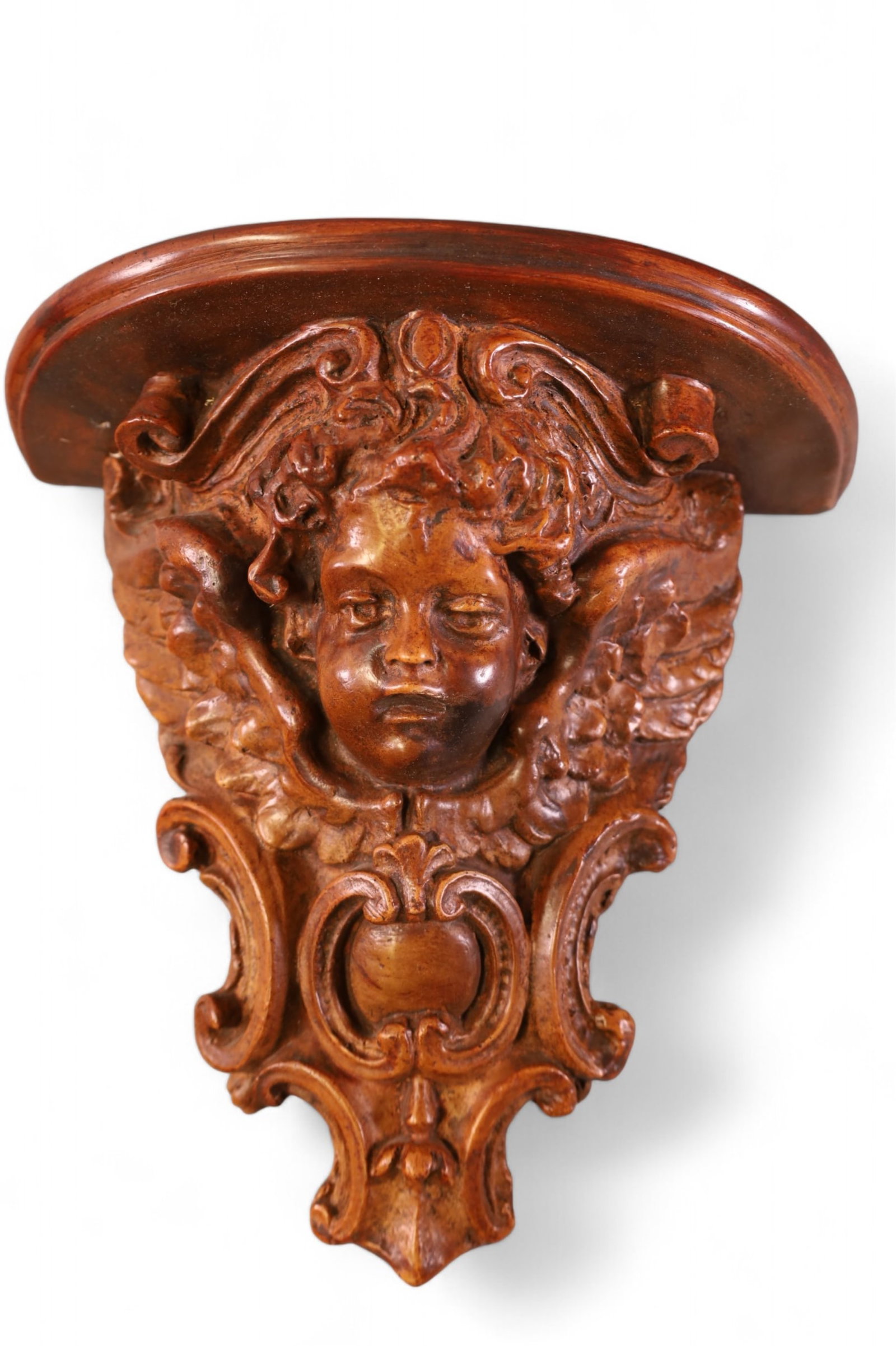 MOLDED WALL SHELF: CHERUB CARVED WALL SHELF, COMPOSITION, PAINTED FINISH. 12" W x 11" H