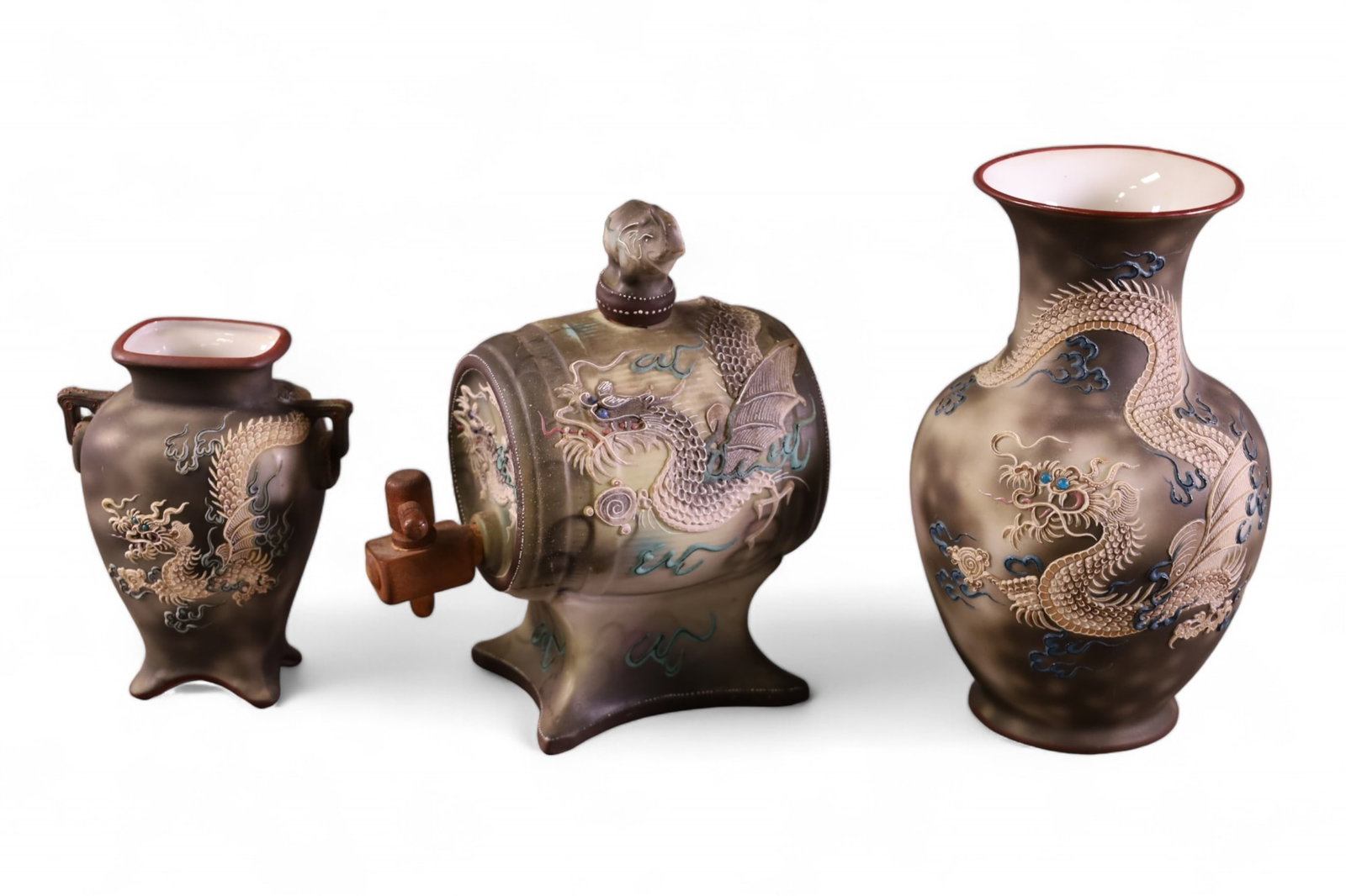 3 PIECES OF NORITAKE MORIAGE PORCELAIN: DRAGON MOTIF PORCELAIN, WHISKEY BARREL, 8" H. TALLER VASE, 8 1/2" & SMALLER VASE, 6" H.