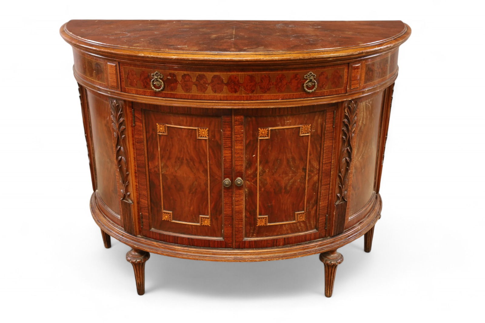 FRENCH DEMILUNE COMMODE: BURLED COMMODE WITH TWO DOOR LOWER. FINISH LOSS. 45" W x 19" D x 34" H. ITEM EXCEEDS SIZE LIMITATIONS FOR IN HOUSE SHIPPING, IT MUST BE PICKED UP IN HOUSE OR SHIPPED VIA 3RD PARTY SHIPPER.