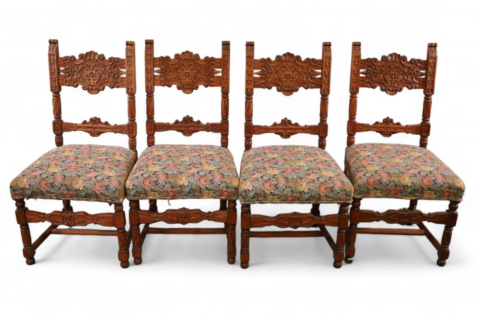 SET OF 4 1920'S CARVED OAK DINING CHAIRS (1 of 3)
