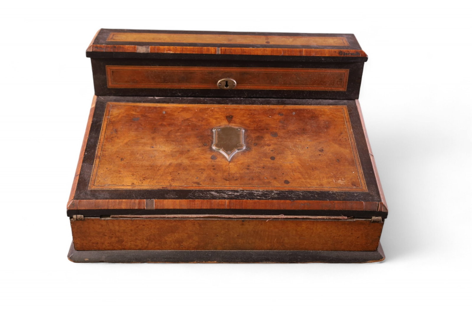 INLAID LAP DESK: INLAID AND BURLED LAP DESK, VENEER DAMAGE. 13" W x 7" H.
