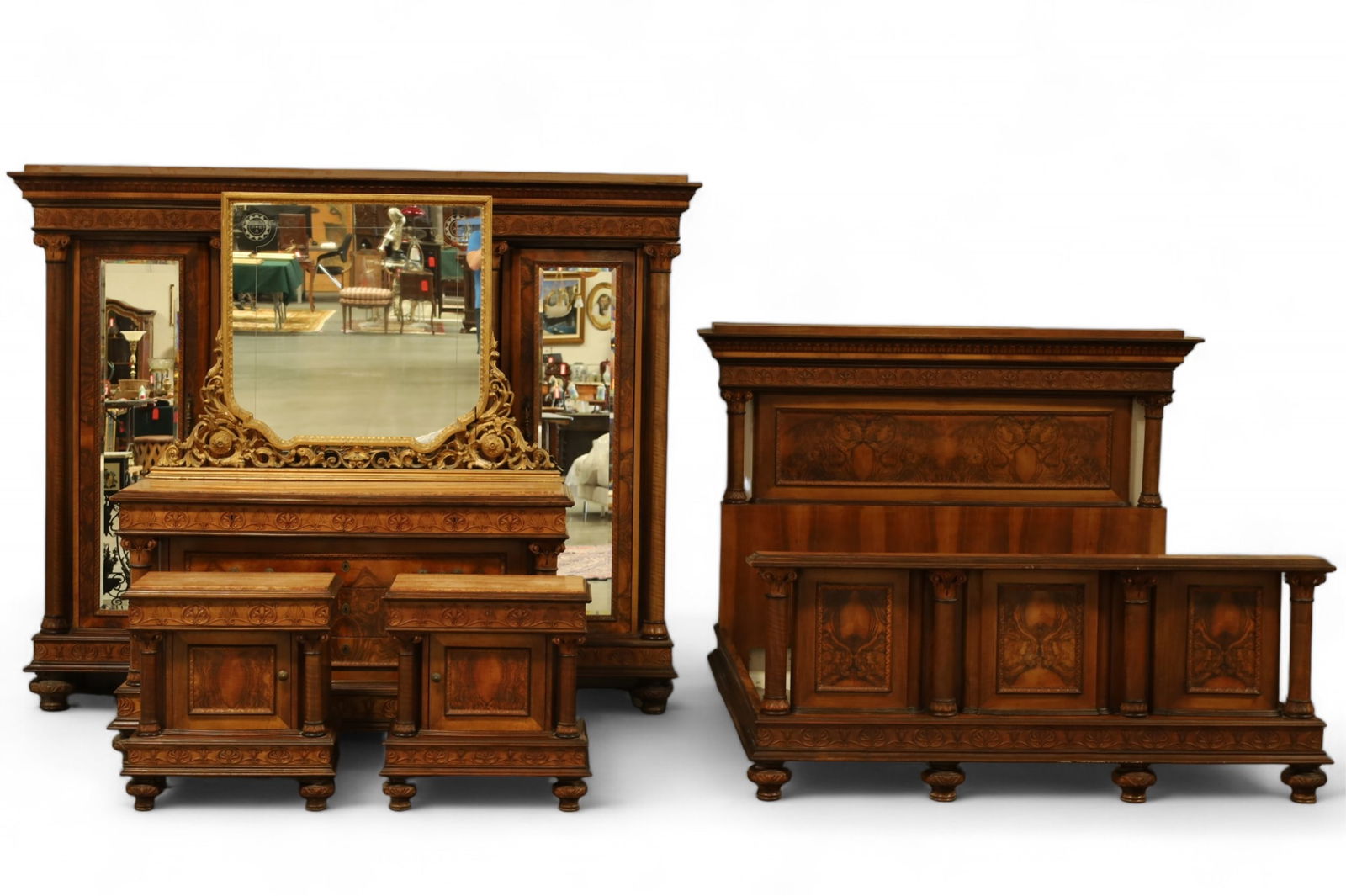 MONUMENTAL ANTIQUE 5 PIECE BURLED BEDROOM SET (1 of 13)