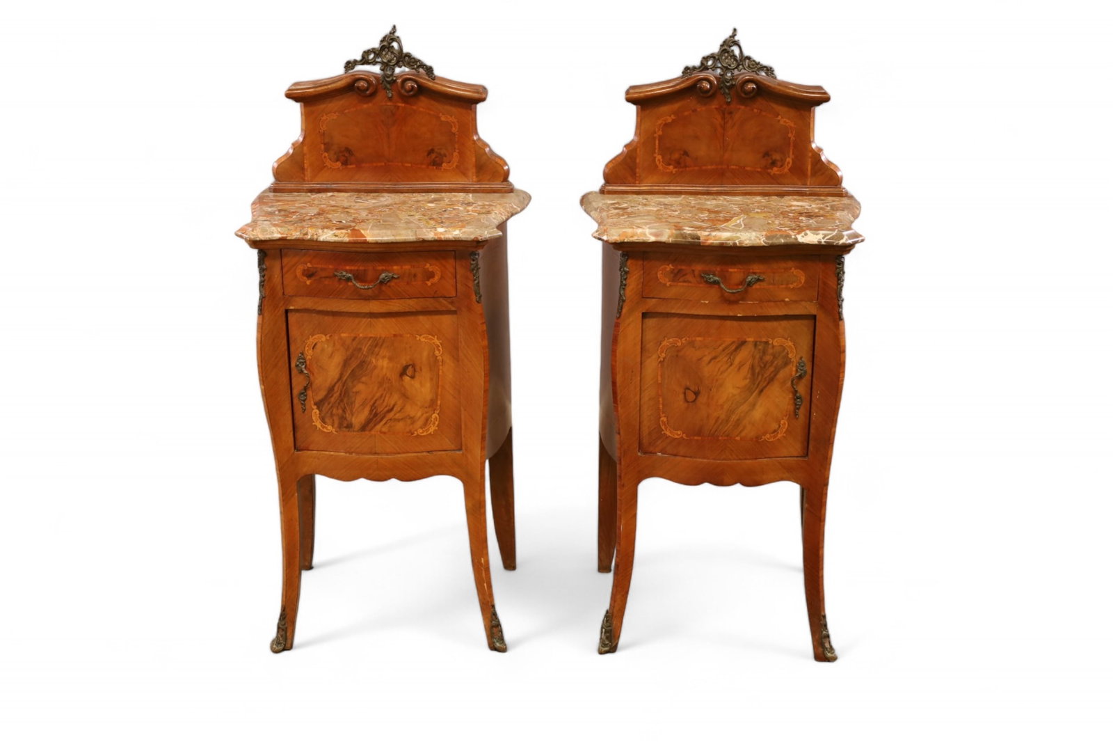 PAIR OF FRENCH NIGHTSTANDS: PAIR OF FRENCH MARBLE TOP NIGHTSTANDS, SINGLE DRAWER, SINGLE DOOR. MINOR WEAR TO FINISH. 21" W x 16" D x 45" H. ITEM EXCEEDS SIZE LIMITATIONS FOR IN HOUSE SHIPPING, IT MUST BE PICKED UP IN HOUSE OR SH