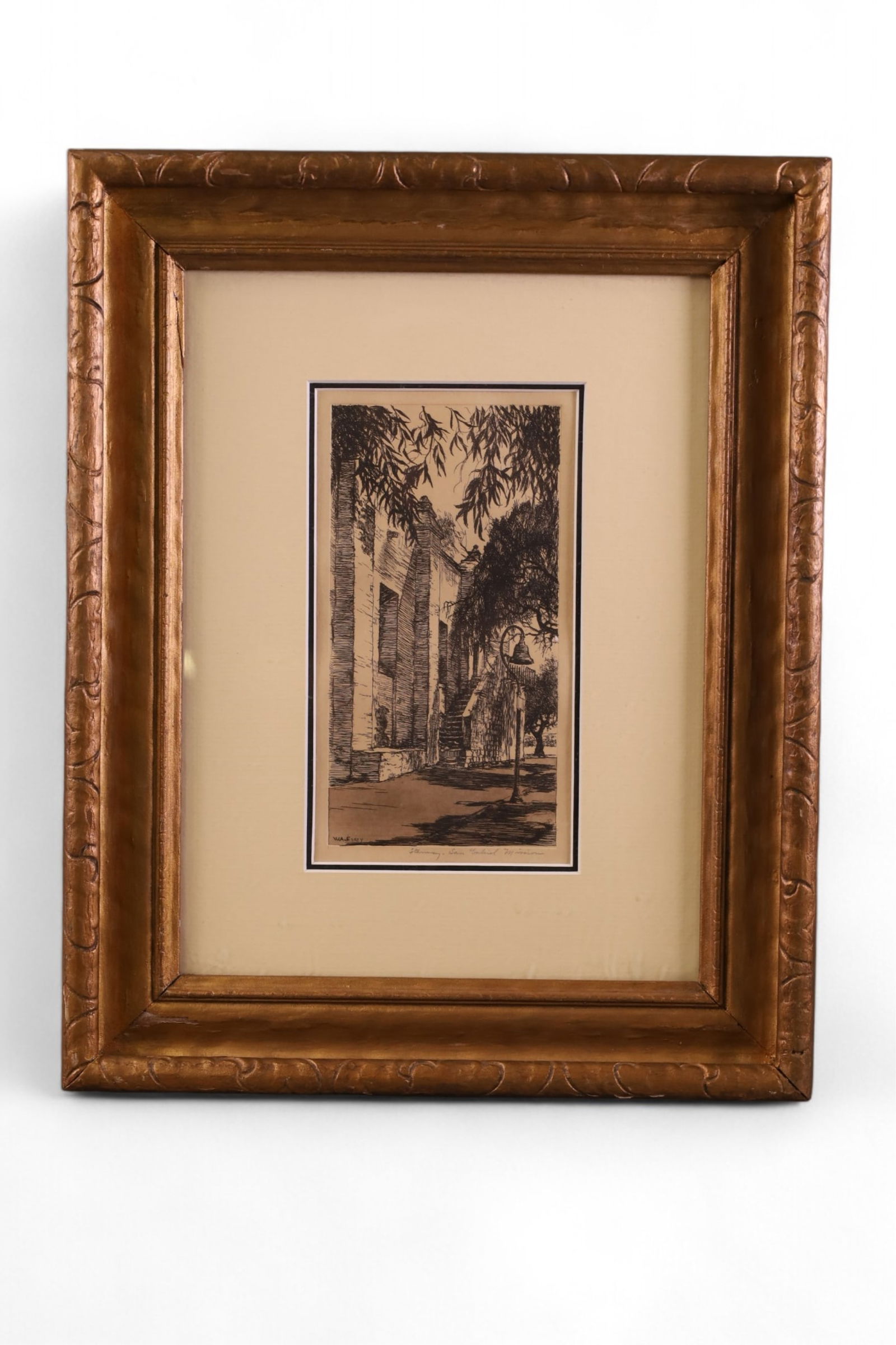 SAN GABRIEL MISSION ETCHING: SIGNED W. ESKEY. SAN GABRIEL MISSION ETCHING. 4 1/2" x 8" IMAGE & 12" x 16" FRAME