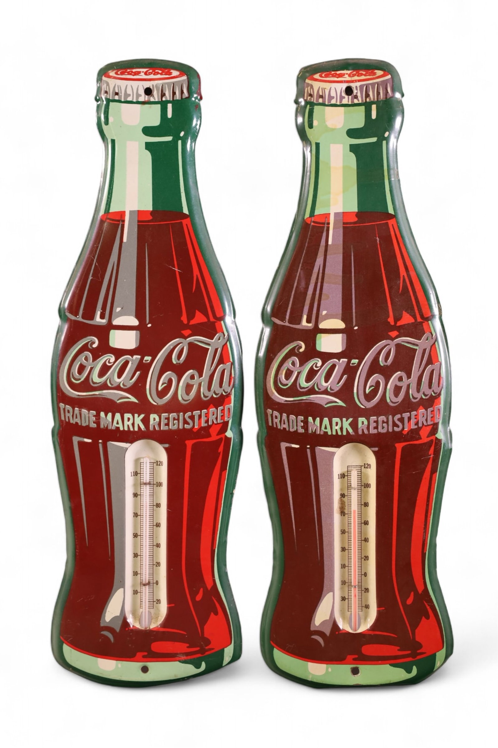 2 COCA COLA DIE CUT BOTTLE TIN THERMOMETERS (1 of 2)