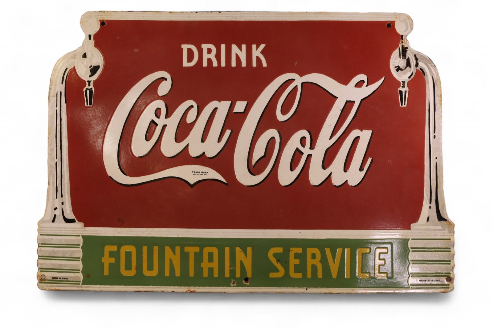 REPRODUCTION COCA COLA SIGN: PORCELAIN COCA COLA FOUNTAIN SERVICE SIGN, CHIPS TO PORCELAIN 30" x 20"