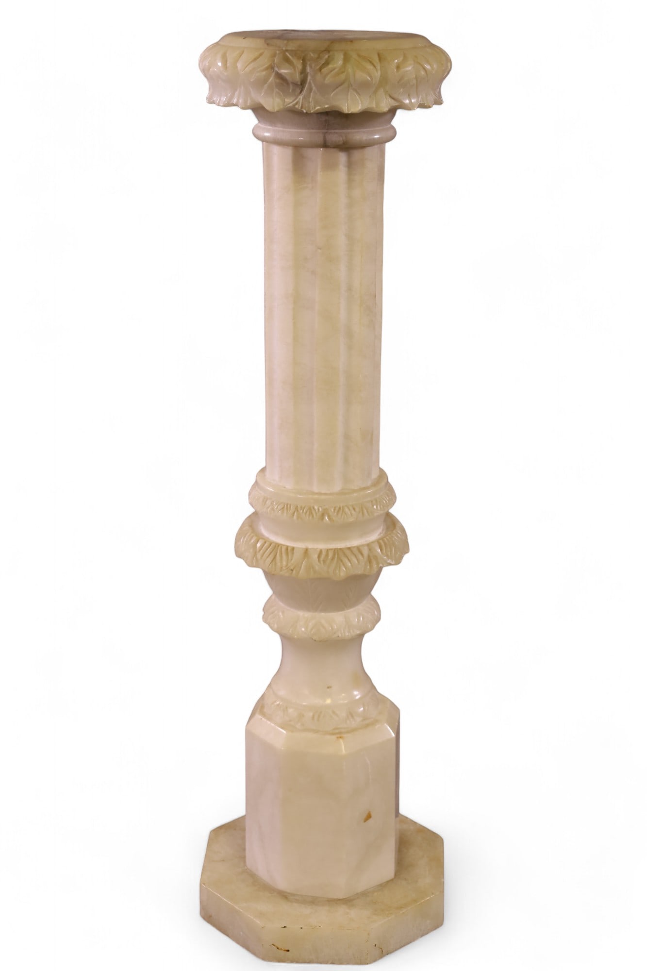 ALABASTER PEDESTAL: LARGE ALABASTER PEDESTAL, MINOR CHIPS ALONG BASE. 38" H. THIS ITEM EXCEEDS SIZE LIMITATIONS FOR IN HOUSE SHIPPING, MUST BE SHIPPED VIA 3rd PARTY GROUND SHIPPER OR PICKED UP IN HOUSE.