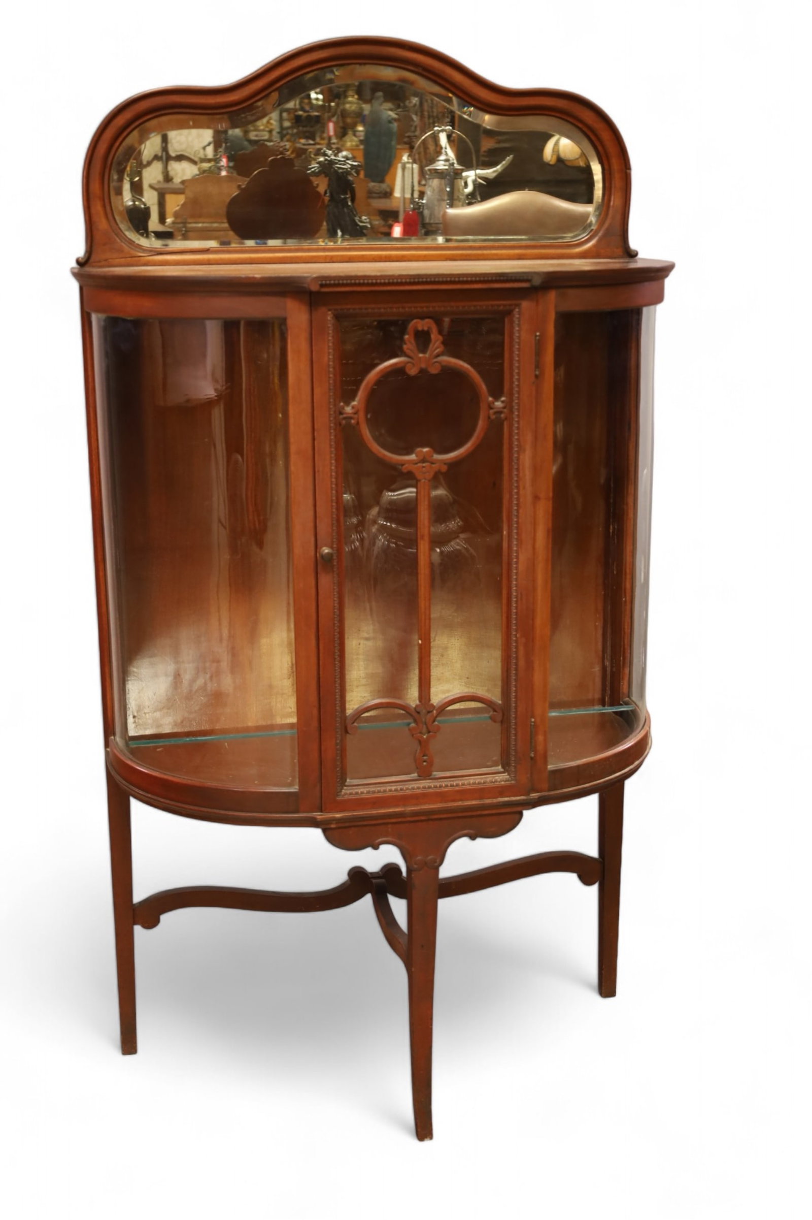 ANTIQUE BOWED GLASS CURIO CABINET (1 of 2)