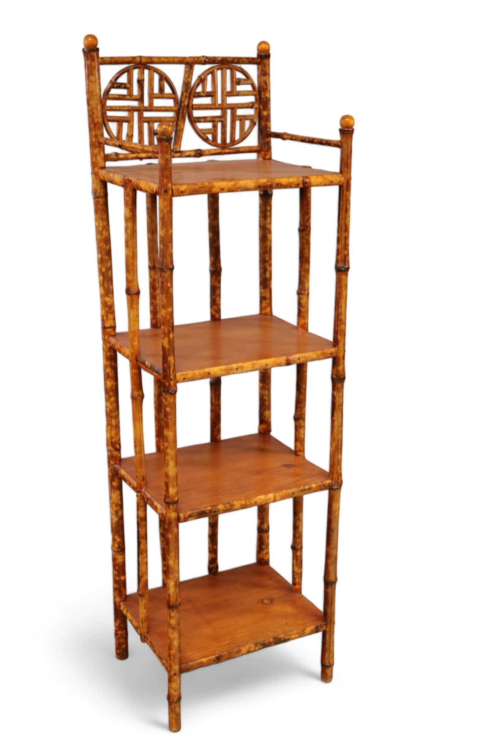 VICTORIAN BAMBOO ETAGERE: FOUR TIER VICTORIAN BAMBOO ETAGERE, 15" W x 12" D x 51H. THIS ITEM EXCEEDS SIZE LIMITATIONS FOR IN HOUSE SHIPPING, MUST BE SHIPPED VIA 3rd PARTY GROUND SHIPPER OR PICKED UP IN HOUSE.