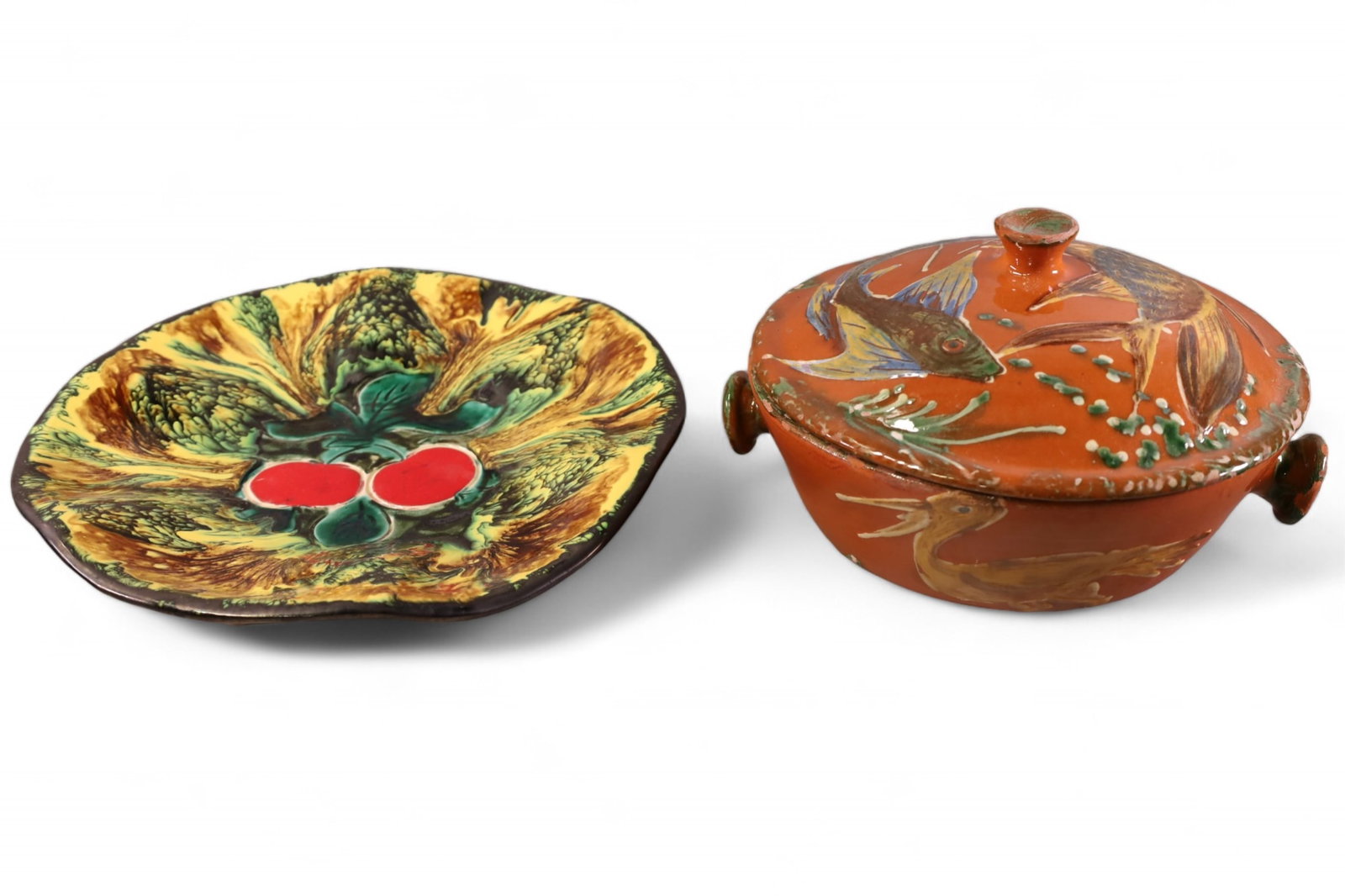2 PIECES OF FRENCH POTTERY: ANTIQUE HAND PAINTED LIDDED DISH & TRAY. SOME CHIPS. 10" W.