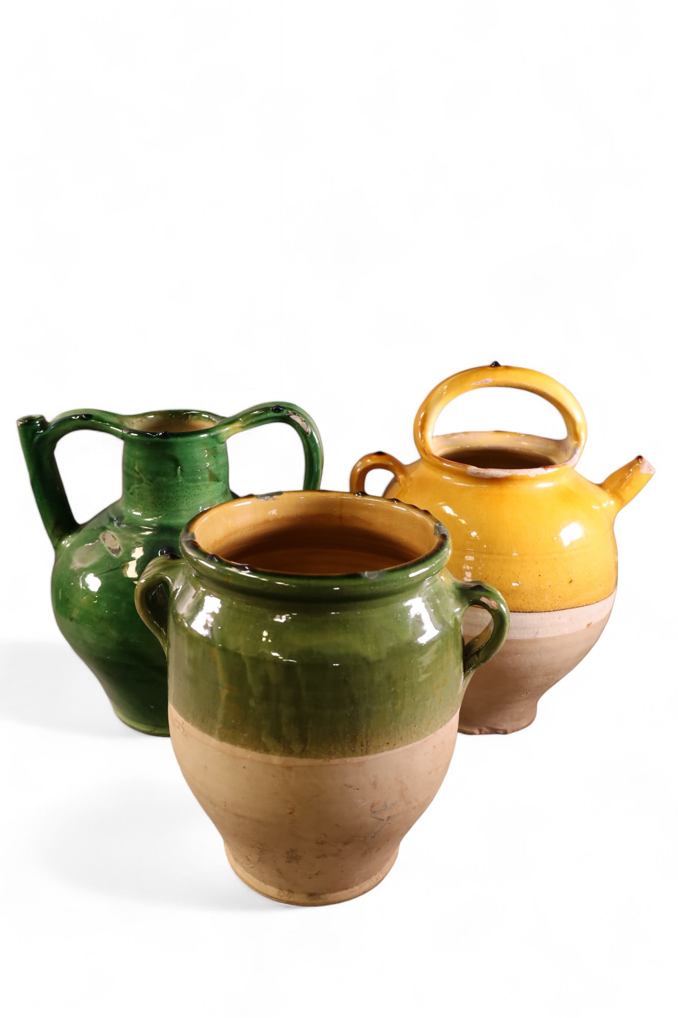 3 FRENCH POTTERY JUGS: ANTIQUE FRENCH POTTEYR PITCHERS, SOME CHIPS. 11" - 15" H.