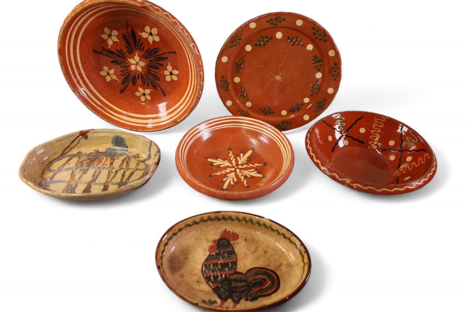 7 PIECES OF FRENCH POTTERY: 7 ANTIQUE FRENCH POTTERY TRAYS & BOWLS. SOME CHIPS. 10 1/2" - 14" W.