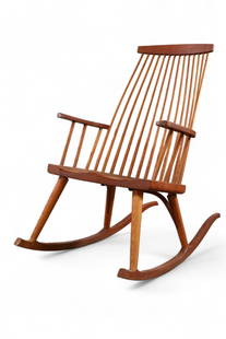 THOMAS MOSER ROCKING CHAIR: MID CENTURY MODERN STYLE ROCKING CHAIR, 21" W x 19" D x 38" H. THIS ITEM EXCEEDS SIZE LIMITATIONS FOR IN HOUSE SHIPPING, IT MUST BE SHIPPED VIA 3rd PARTY GROUND SHIPPER OR PICKED UP IN HOUSE.