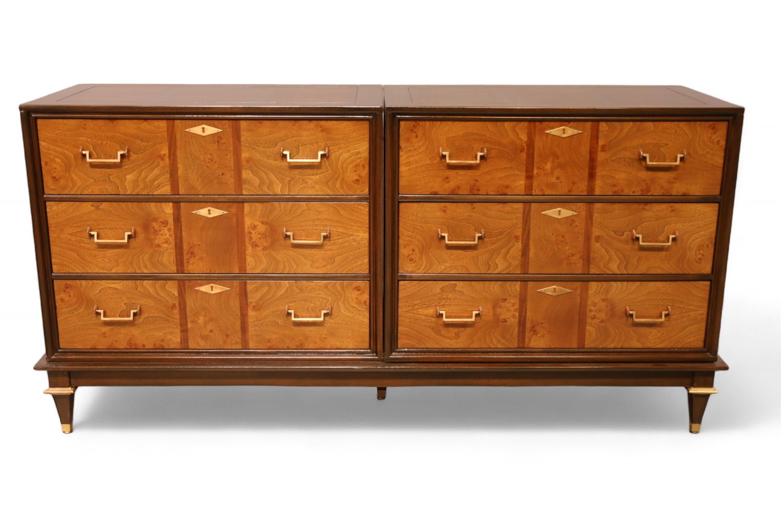 BURLED 6 DRAWER DRESSER: 6 DRAWER DOUBLE DRESSER, WITH COPPER HARDWARE. 64" W x 18" D x 32" H. THIS ITEM EXCEEDS SIZE LIMITATIONS FOR IN HOUSE SHIPPING, IT MUST BE SHIPPED VIA 3rd PARTY GROUND SHIPPER OR PICKED UP IN HOUSE.