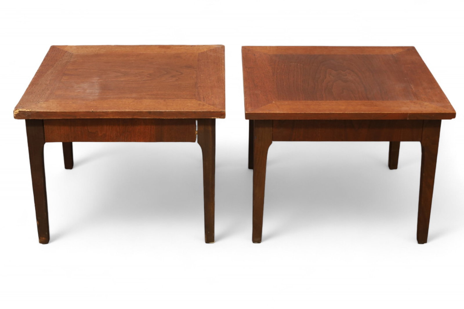PAIR OF MID CENTURY MODERN END TABLES: PAIR OF END OR SIDE TABLES, MARKED J.B. VAN SCIVER. FINISH WEAR, DAMAGE TO VENEER. SURFACE SCRATCHES. LOOSE LEG TO ONE. 20" x 20" x 15" H. THIS ITEM EXCEEDS SIZE LIMITATIONS FOR IN HOUSE SHIPPING, IT