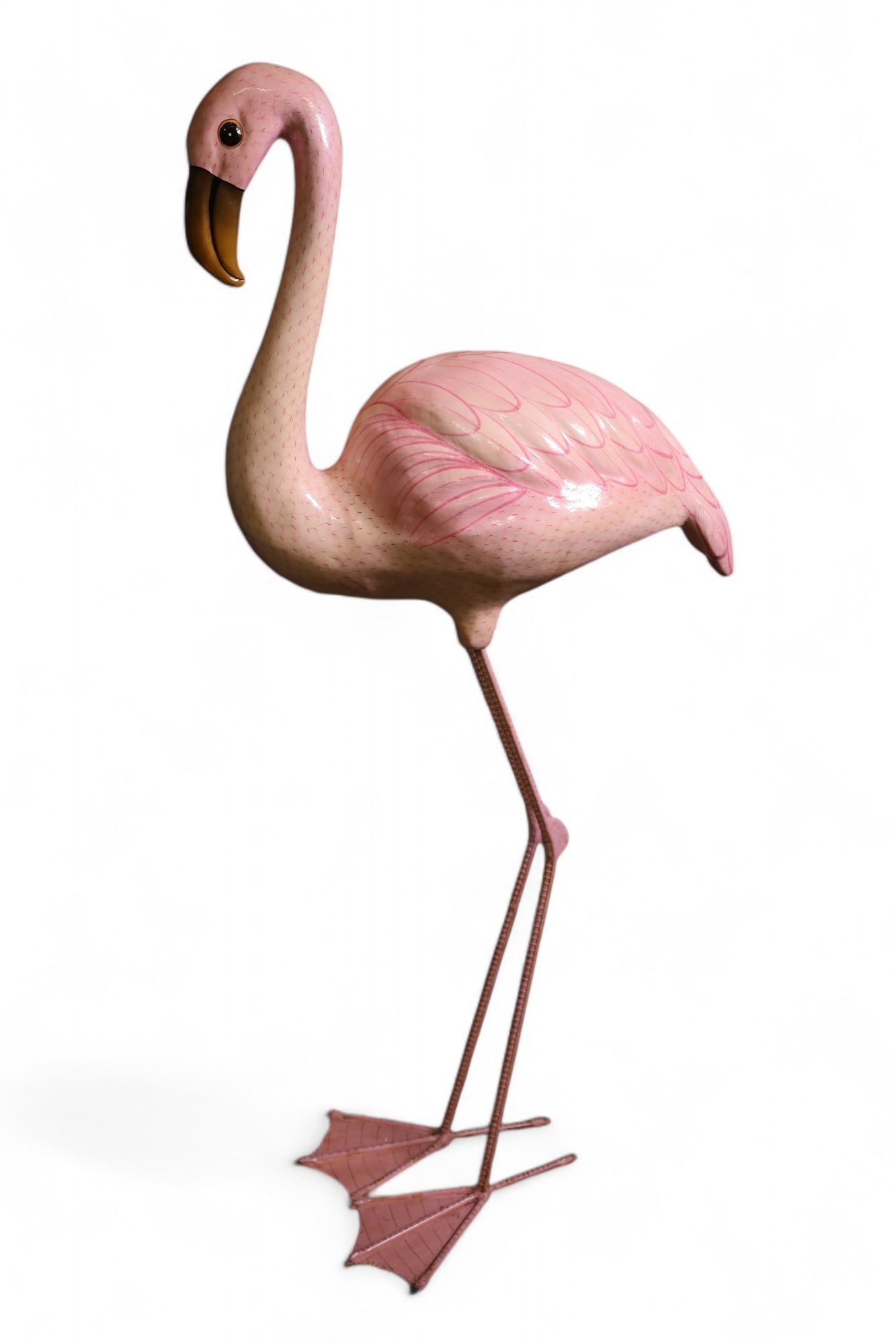 PAPIER MACHE FLAMINGO: SIGNED ON BASE, 43" H. THIS ITEM EXCEEDS SIZE LIMITATIONS FOR IN HOUSE SHIPPING, IT MUST BE SHIPPED VIA 3rd PARTY GROUND SHIPPER OR PICKED UP IN HOUSE.