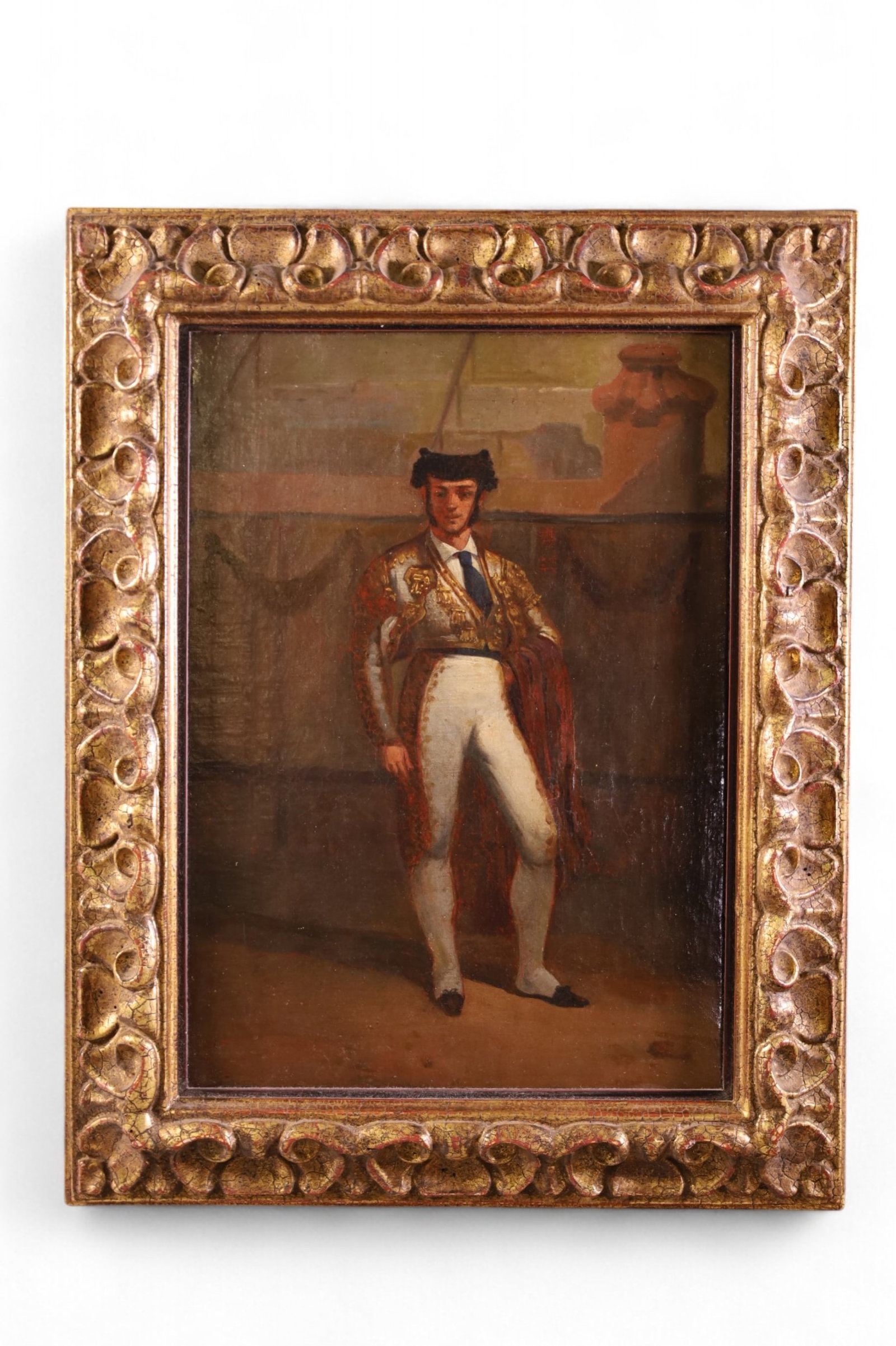 ANTIQUE SPANISH OIL PAINTING: OIL ON CANVAS, UNSIGNED, HAS BEEN RELINED. SPANISH MATADOR PORTRAIT PAINTING. 11" x 15" IMAGE SIZE / 16" x 20" IN FRAME