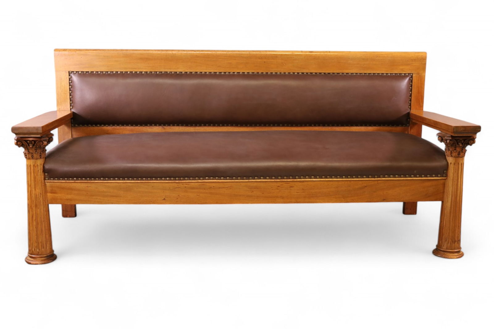 LARGE TURN OF THE CENTURY RAILROAD BENCH: MAHOGANY RAILROAD BENCH, CARVED PILAR FRONT, MINOR WEAR TO FINISH. 86" W x 29" D x 38" H. THIS ITEM EXCEEDS SIZE LIMITATIONS FOR IN HOUSE SHIPPING, IT MUST BE SHIPPED VIA 3rd PARTY GROUND SHIPPER OR P