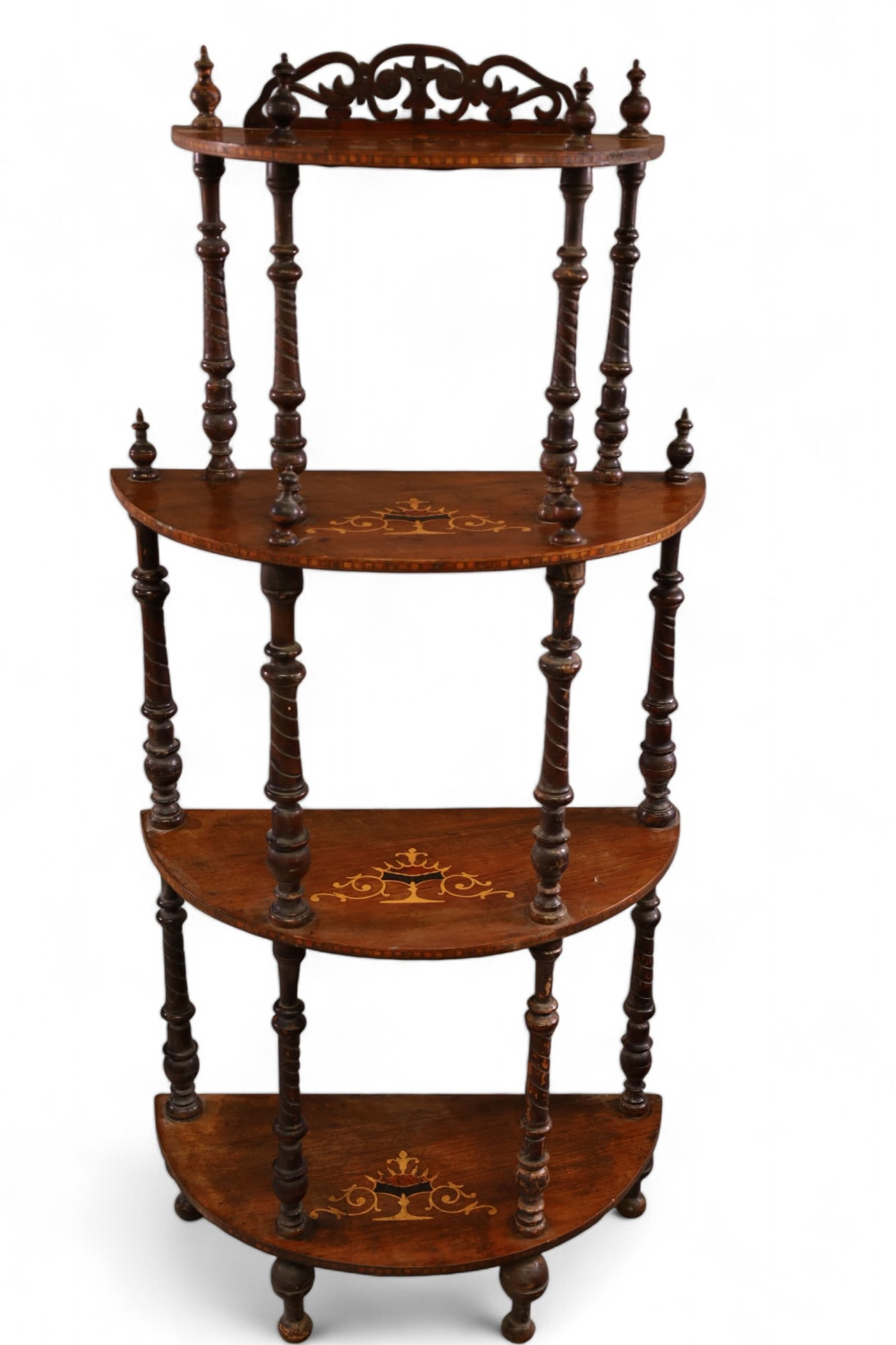 19TH CENTURY INLAID ETAGERE SHELF: FOUR TIER INLAID ETAGERE, WEAR TO FINISH, 24" W x 12" D x 53" H. THIS ITEM EXCEEDS SIZE LIMITATIONS FOR IN HOUSE SHIPPING, IT MUST BE SHIPPED VIA 3rd PARTY GROUND SHIPPER OR PICKED UP IN HOUSE.