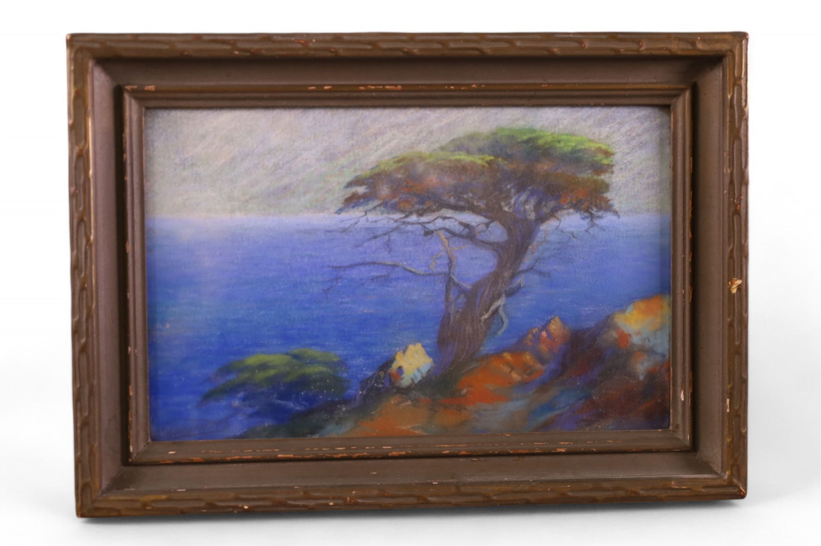 CARL SAMMONS PASTEL: PASTEL UNDER GLASS, SIGNED LOWER LEFT, LONE CYPRESS PASTEL. 10 1/2" x 6" IMAGE SIZE / 13 1/2" x 9 1/2" IN FRMAE.