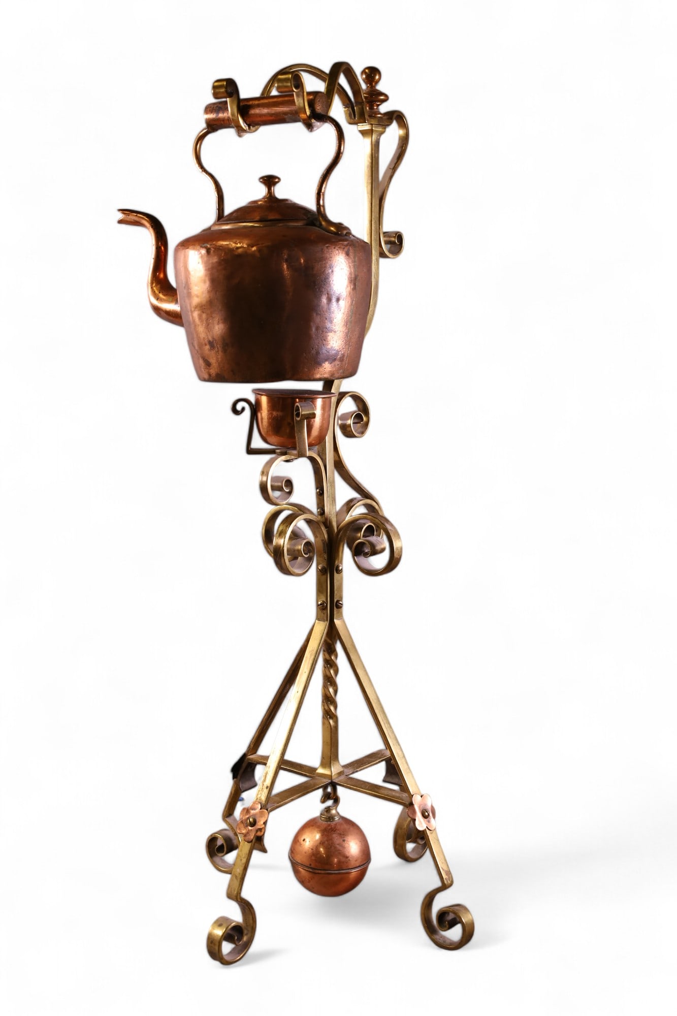 ANTIQUE BRASS & COPPER KETTLE ON STAND (1 of 2)
