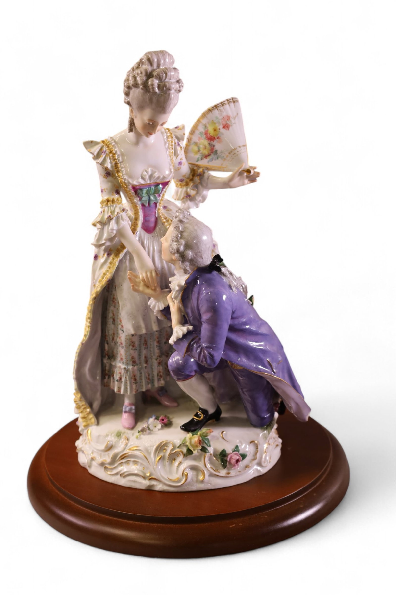 MEISSEN PROCELAIN FIGURE: DOUBLE FIGURE, MAKRED MEISSEN, UNDER GLASS DOME. SOME CHIPS. REPAIRED FOOT. 12" H.