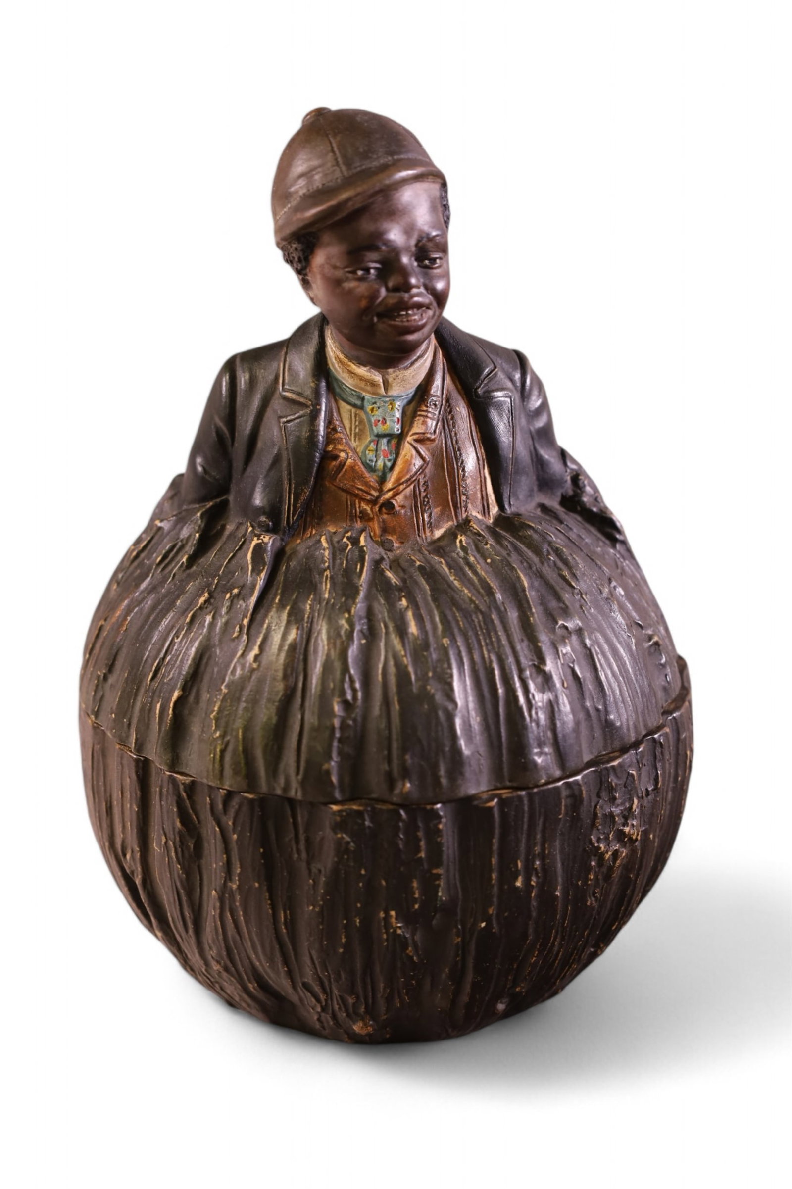 BLACK AMERICANA HUMIDOR: CERAMIC LIDDED FIGURAL BLACK AMERICANA HUMIDOR. 7" H.
