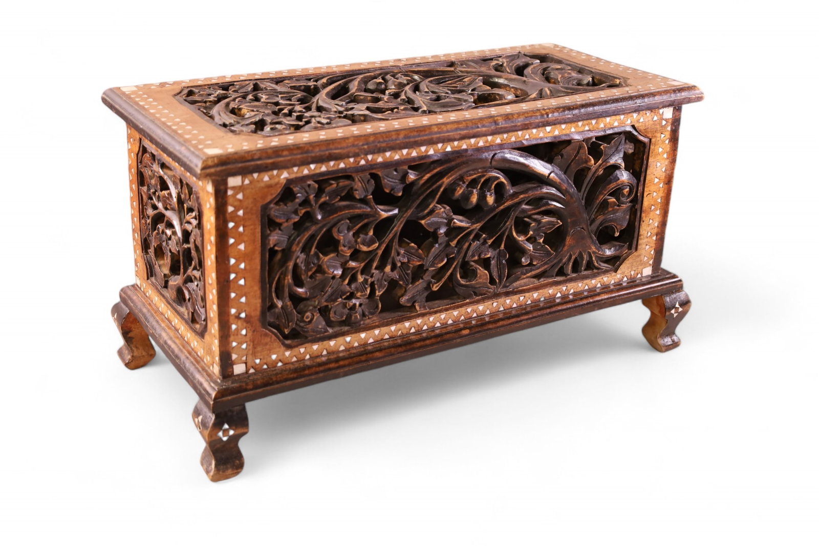 HAND CARVED LIDDED BOX: MOTHER OF PEARL INLAID, HIGHLY CARVED HINGED LID BOX. 20" W x 11" H