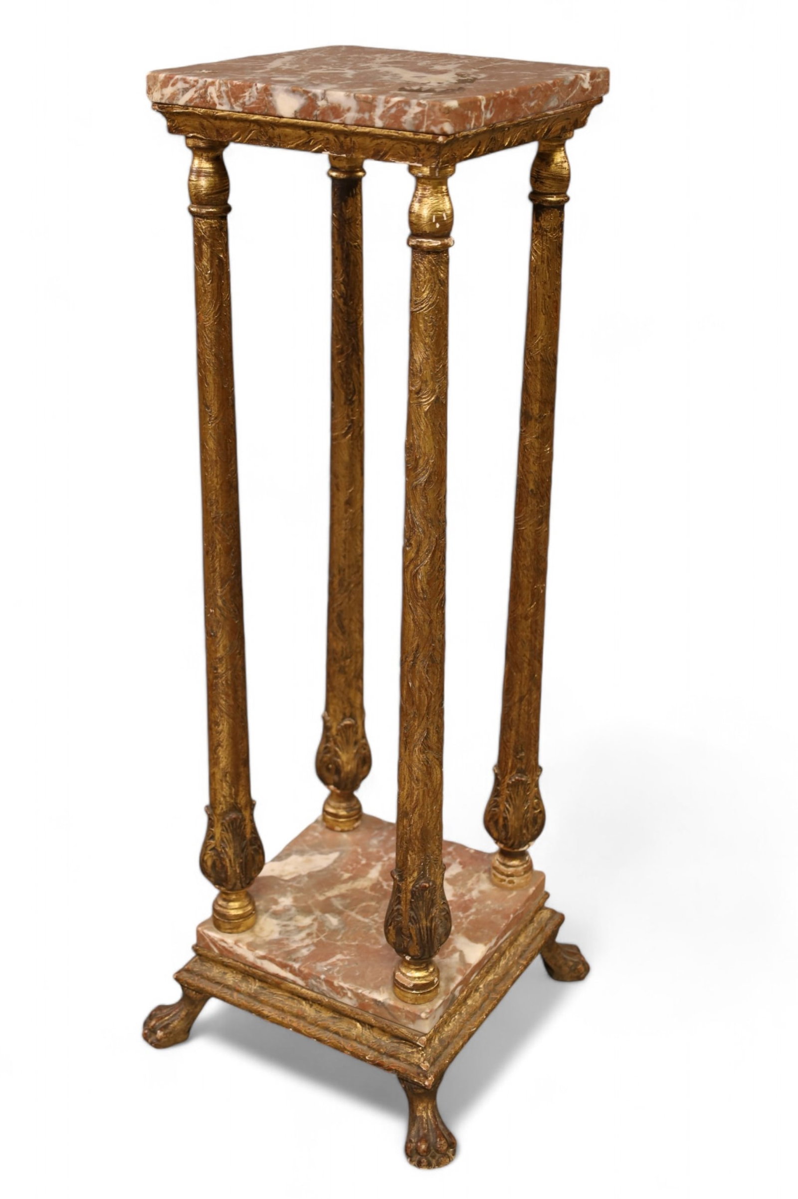 MARBLE TOP PEDESTAL (AS IS): GESSO AND MARBLE CLAW FOOT PEDESTAL, DAMAGE TO ONE FOOT. 10" x 10" x 34" H. THIS ITEM EXCEEDS SIZE LIMITATIONS FOR IN HOUSE SHIPPING, IT MUST BE SHIPPED VIA 3rd PARTY GROUND SHIPPER OR PICKED UP IN HO