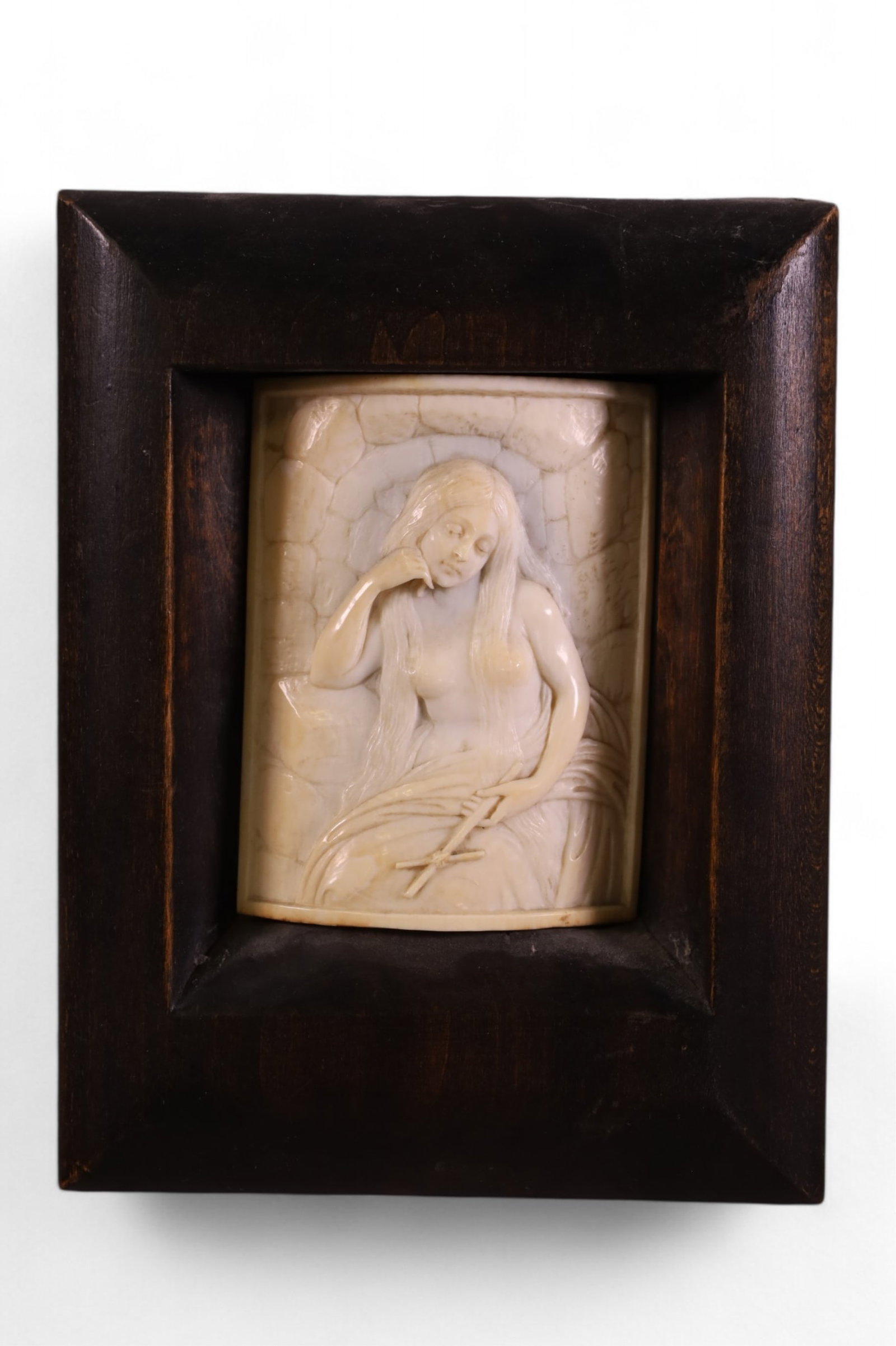 1920 CARVED NUDE PANEL: CARVED FEMALE NUDE PANEL IN FRAME. SIGNED J. FELSER. DATED 1920. 5 1/2" x 7"