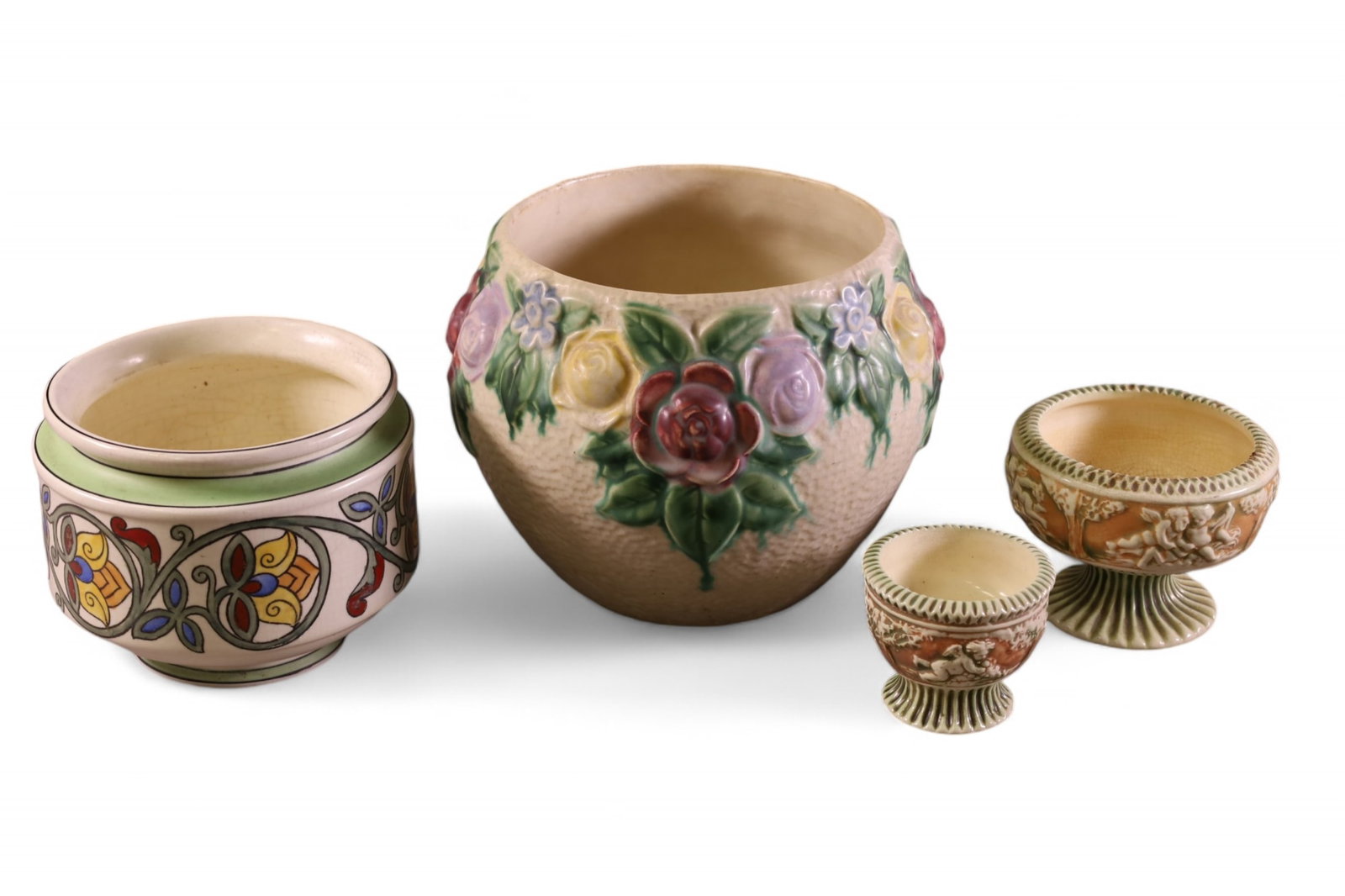 4 PIECES OF ROSEVILLE POTTERY: ROSEVILLE ROZANE PLANTER, 2 PIECES OF DONATELLO. & PERSIAN JARDINIERE. 3" - 7 1/2" H