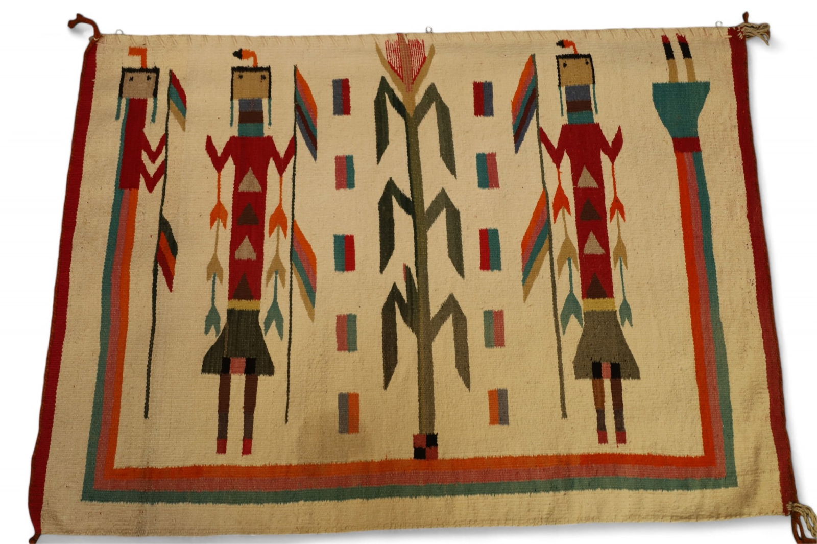 NAVAJO YEI RUG: HANDMADE NATIVE AMERICAN NAVAJO YEI RUG, WITH CORN STALK DECORATION. STAIN. APPROX 47" x 34"