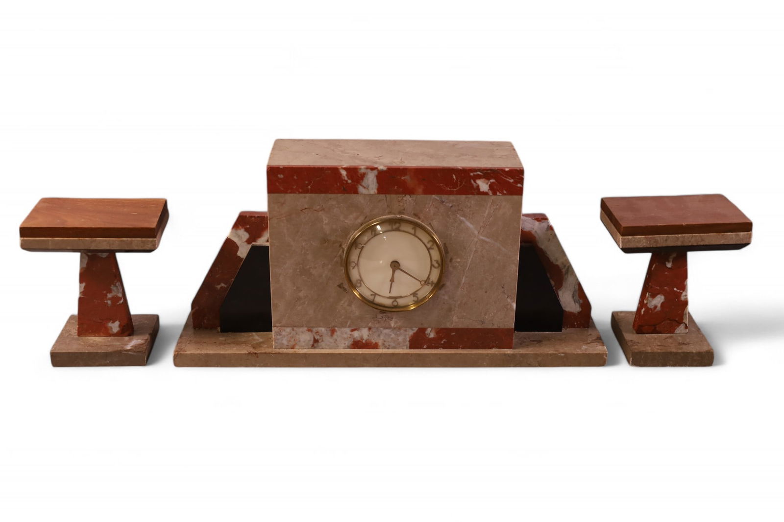 ART DECO CLOCK SET: ART DECO 3 PIECE MARBLE CLOCK SET, ALL CLOCKS ARE SOLD AS IS WE DO NOT GUARANTEE WORKING ORDER. MINOR CHIPS. 18 1/2" W x 9" H.