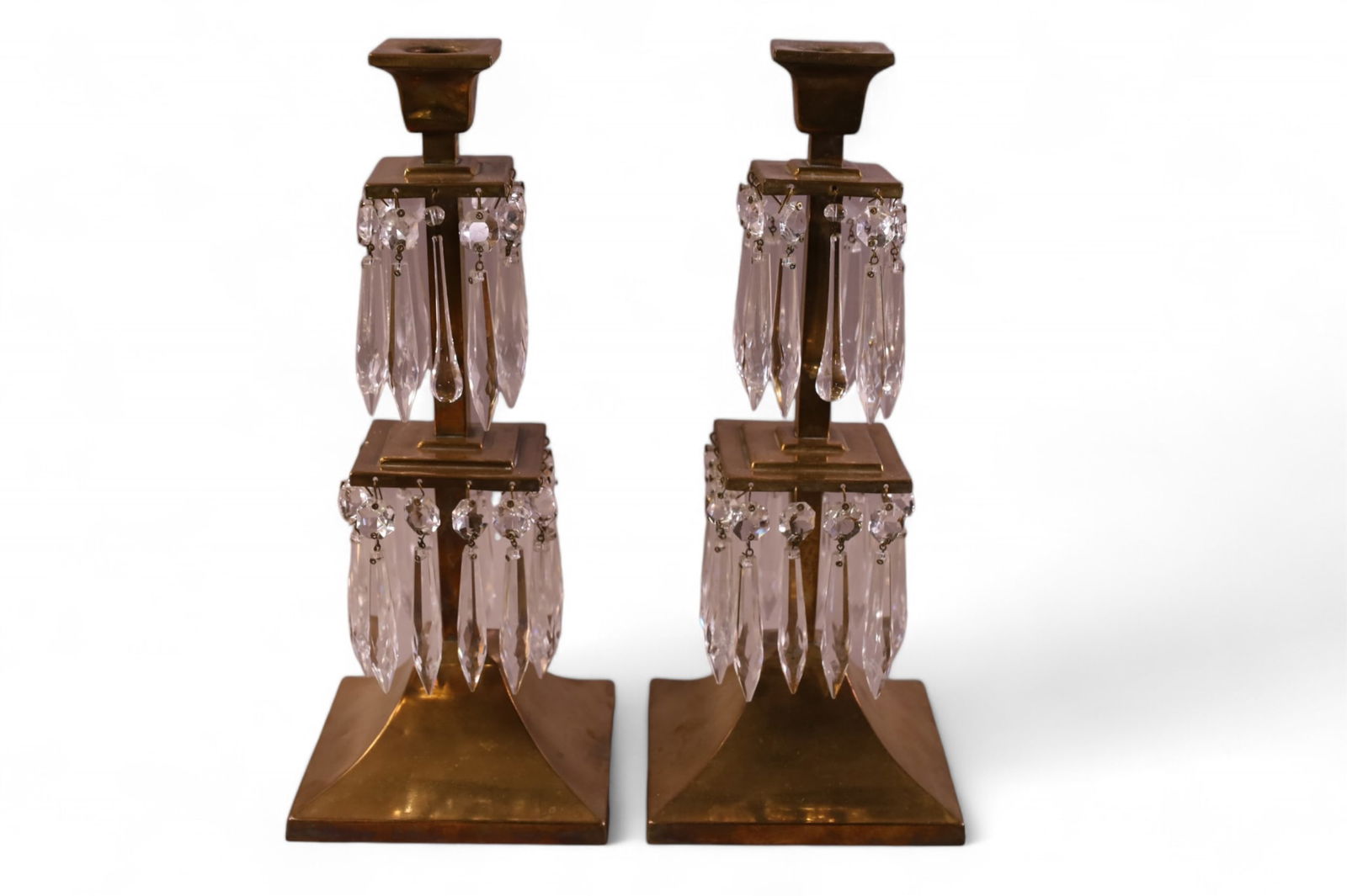 PAIR OF BRASS & CRYSTAL PRISM CANDLESTICKS (1 of 2)