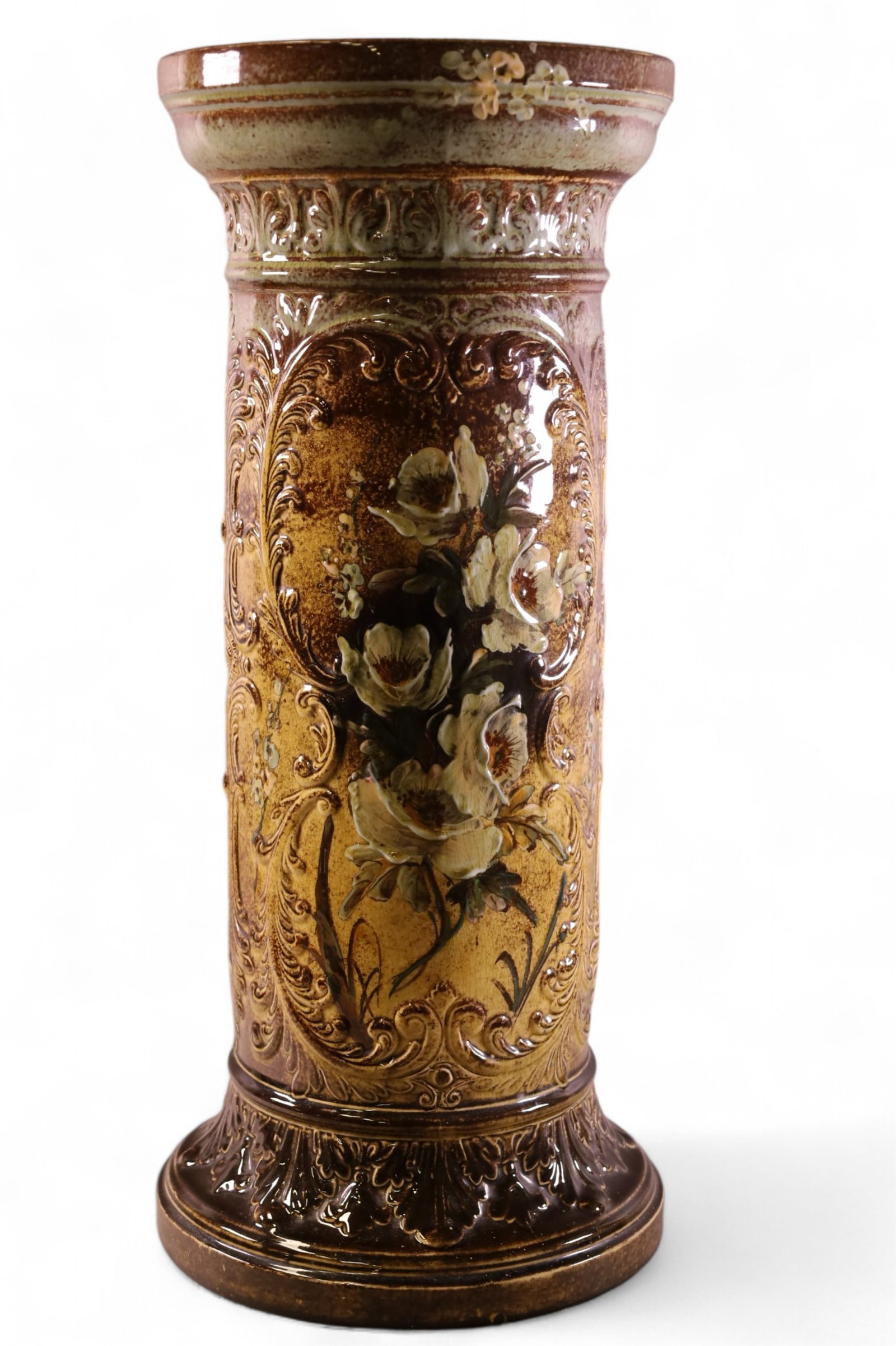 MAJOLICA PEDESTAL: FLORAL DECORATED MAJOLICA PEDESTAL, UNMARKED. 10" DIAM x 24" H.