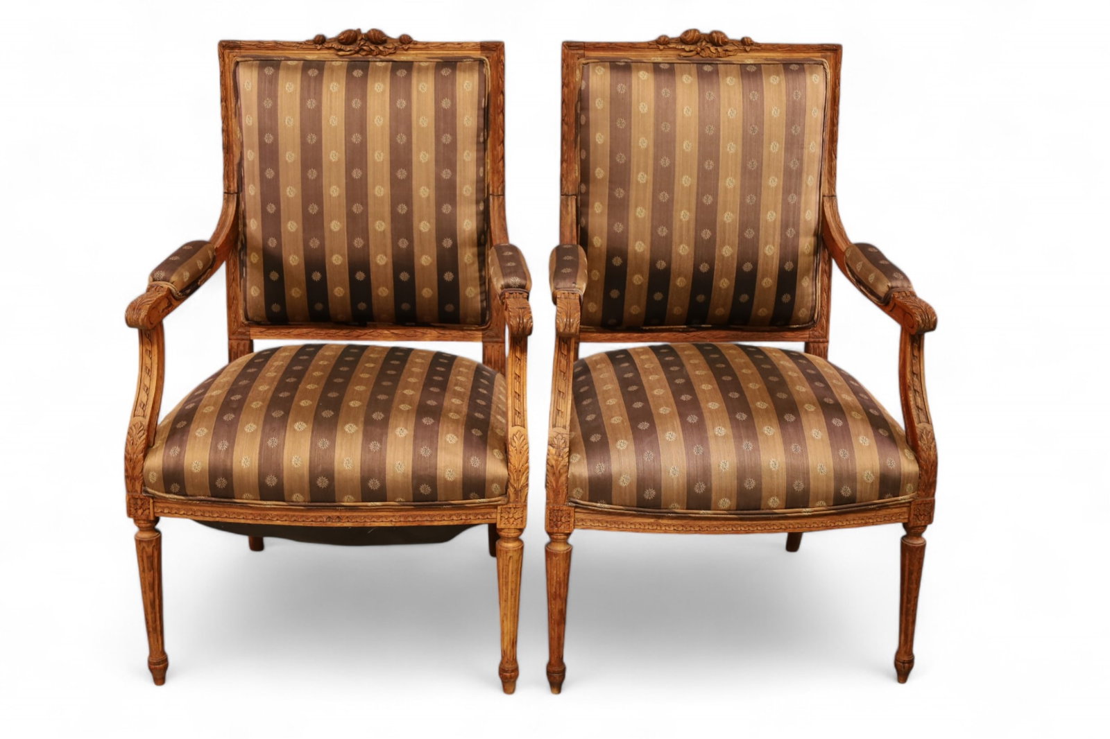 PAIR OF FRENCH STYLE ARMCHAIRS: ROSE CARVED FRAME, FRNECH STYLE ARMCHAIRS. 24" W x 23" D x 38" H. THIS ITEM EXCEEDS SIZE LIMITATIONS FOR IN HOUSE SHIPPING, IT MUST BE SHIPPED VIA 3rd PARTY GROUND SHIPPER OR PICKED UP IN HOUSE.