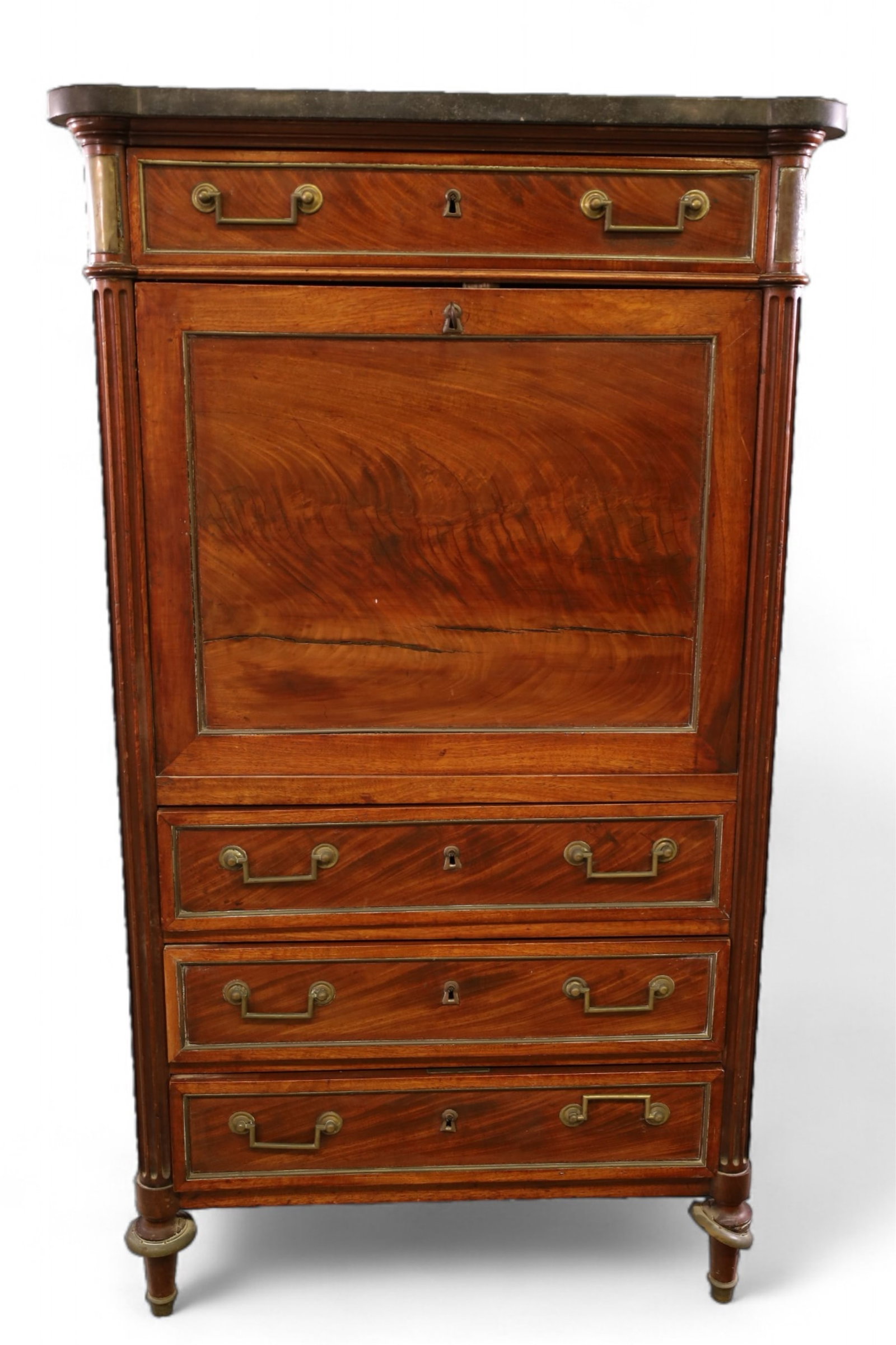 FRENCH EMPIRE HIGHBOY: FOUR DRAWER, WITH FALL FRONT, MARBLE TOP, AGE SPLITS. FINISH WEAR. CHIPS TO MARBLE. 32" W x 17" D x 56" H. THIS ITEM EXCEEDS SIZE LIMITATIONS FOR IN HOUSE SHIPPING, IT MUST BE SHIPPED VIA 3rd PARTY GR