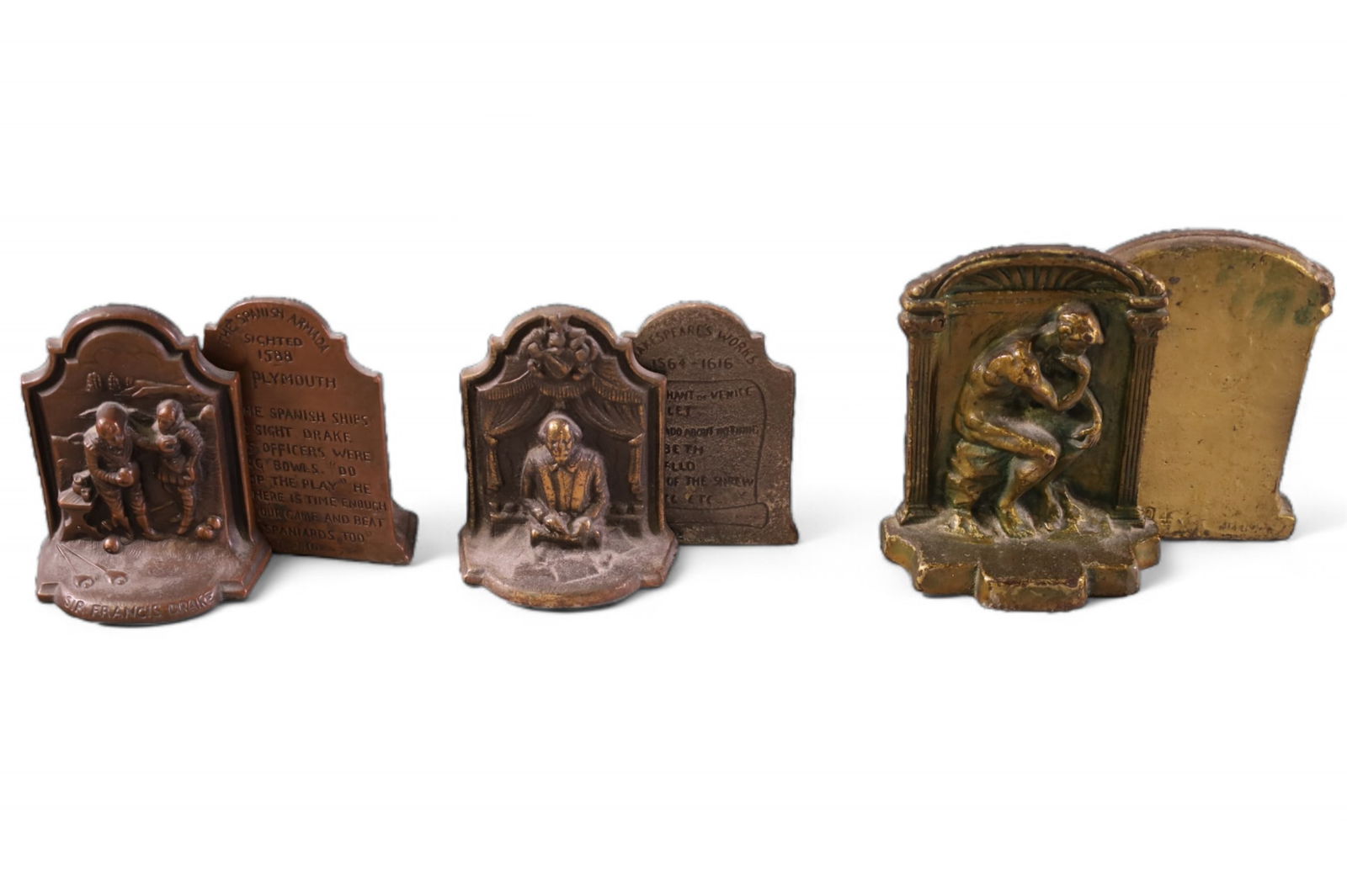 3 PAIRS OF BOOKENDS: 3 PAIRS OF ANTIQUE BOOKENDS, THE THINKER, SHAKESPEARS WORKS, & THE SPANISH ARMADA. 4" - 6" H.