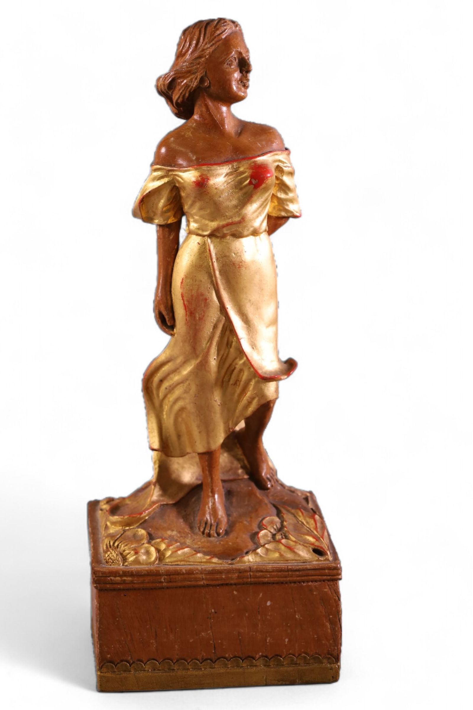 CARVED WOOD FIGURE OF A WOMAN: CARVED WOOD FIGURE OF WOMAN, PAINTED FINISH, SOME PAINT LOSS. 15" H.