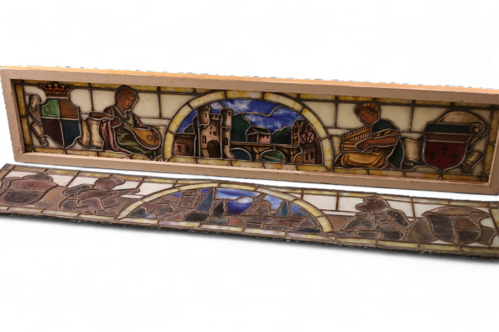 2 ANTIQUE SCENIC LEADED GLASS WINDOWS (1 of 7)