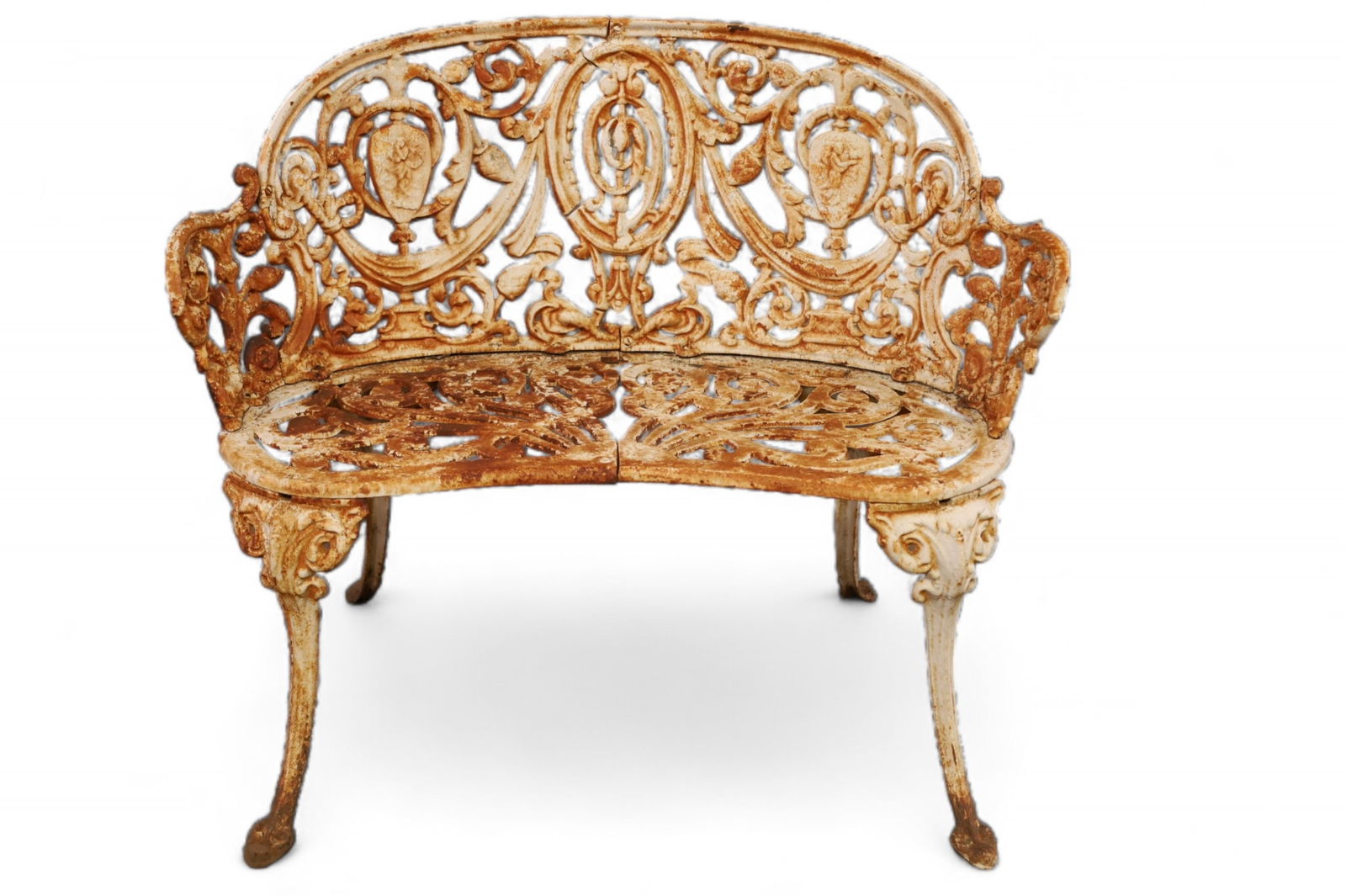 CAST IRON GARDEN BENCH: ANTIQUE CAST IRON GARDEN BENCH, RUST. 36" W x 17" D x 30" H. THIS ITEM EXCEEDS SIZE LIMITATIONS FOR IN HOUSE SHIPPING, IT MUST BE SHIPPED VIA 3rd PARTY GROUND SHIPPER OR PICKED UP IN HOUSE.