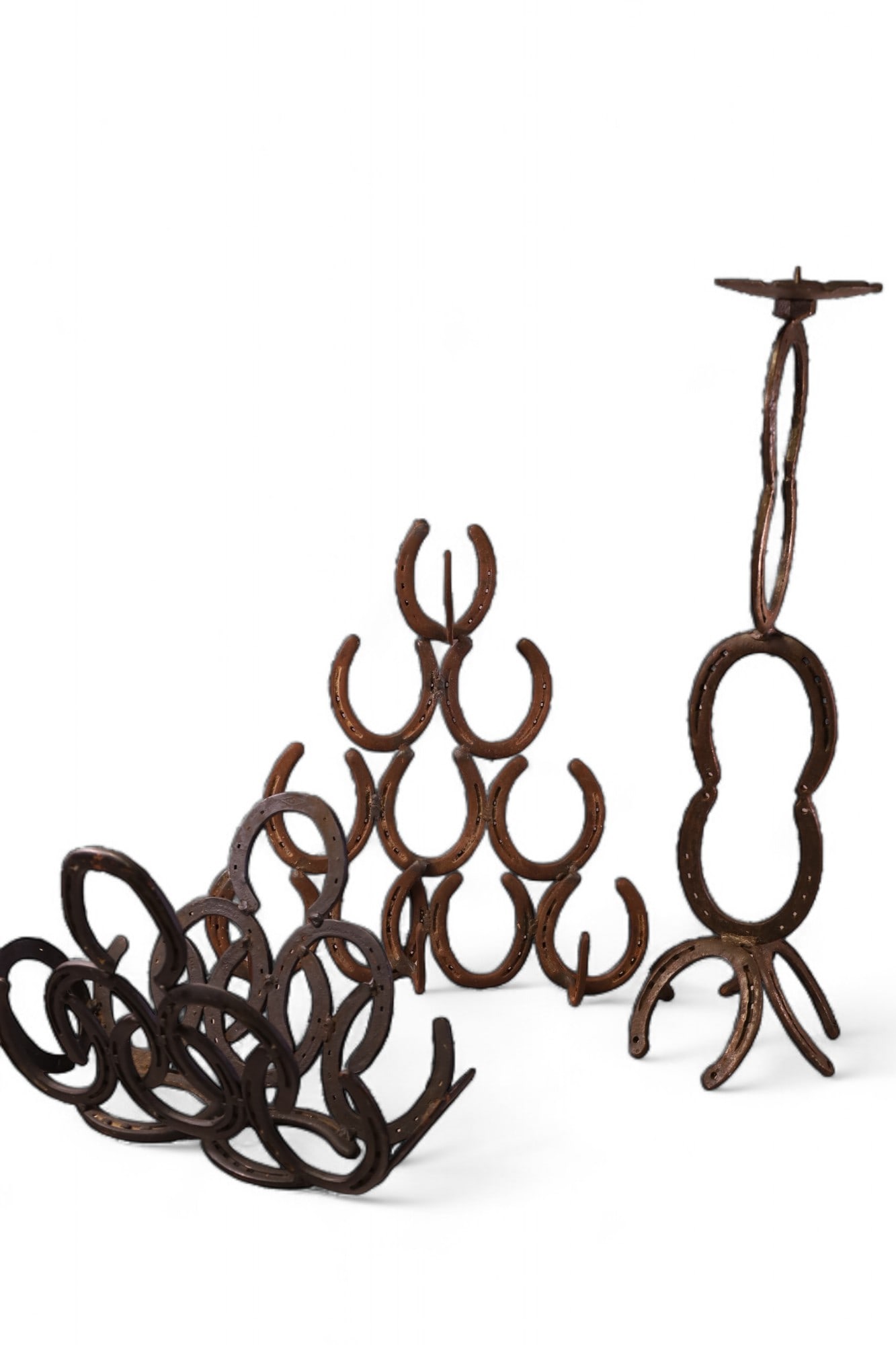 VINTAGE HORSESHOE ITEMS: COAT RACK, CANDLE PRICKARD, & MAGAZINE RACK. 18" - 29" H. THIS ITEM EXCEEDS SIZE LIMITATIONS FOR IN HOUSE SHIPPING, IT MUST BE SHIPPED VIA 3rd PARTY GROUND SHIPPER OR PICKED UP IN HOUSE.