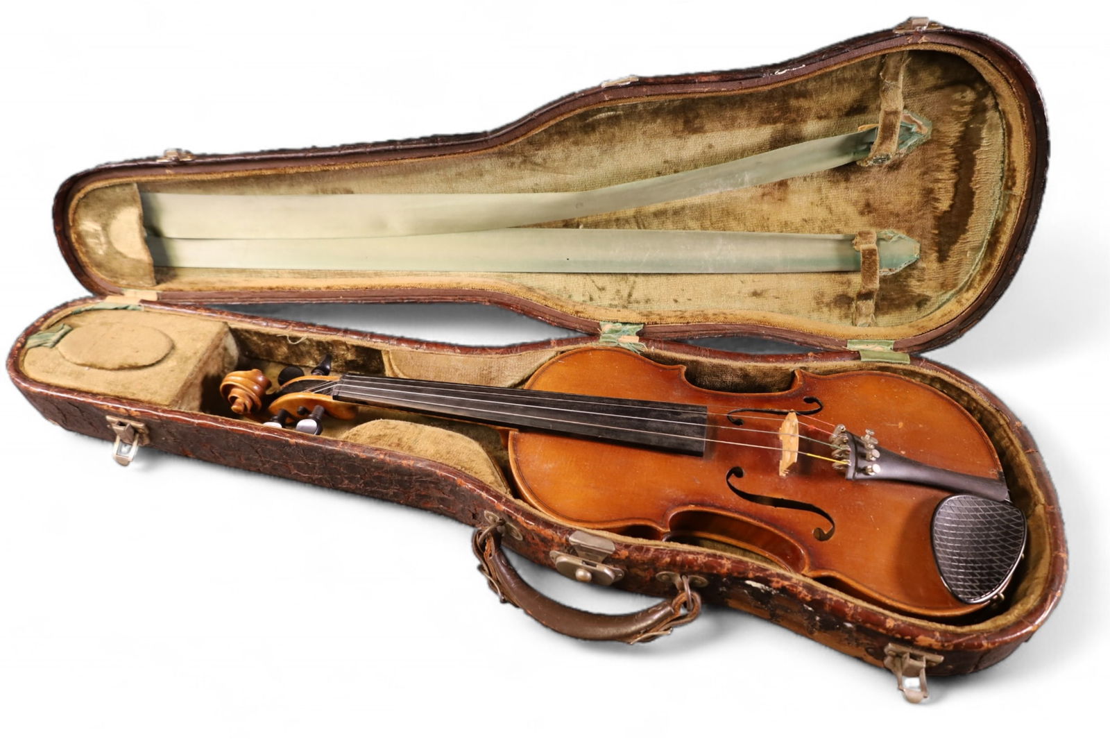 ANTIQUE VIOLIN: WITH ALLIGATOR SKIN CASE. DAMAGE TO CASE. 23 1/2" L