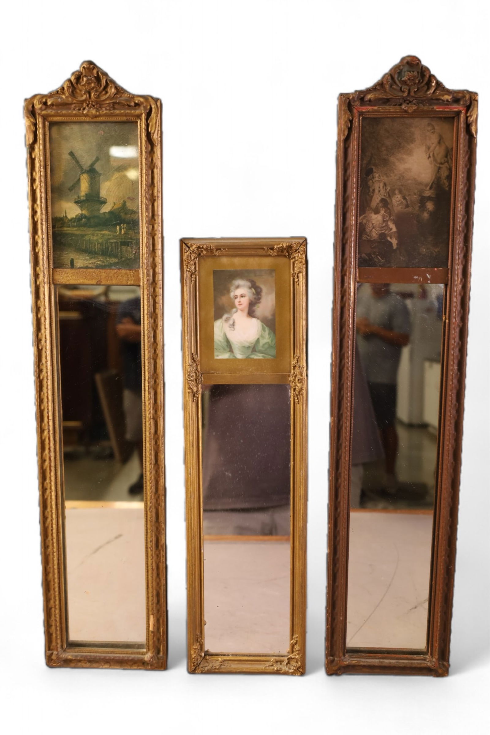 3 SMALL 1920'S TRUMEAU MIRRORS: 18" - 24 1/2" H