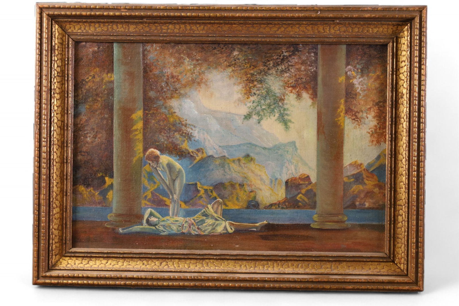 MAXFIELD PARRISH STYLE PAINTING: IN THE STYLE OF MAXFIELD PARRISH, DAYBREAK SCENE. 21" x 15"