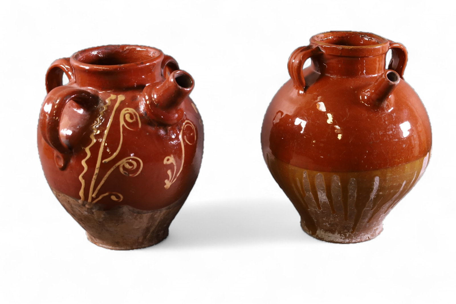 2 FRENCH POTTERY JUGS: 2 LARGE ANTIQUE FRENCH POTTERY JUGS, SOME CHIPS. 11" H.